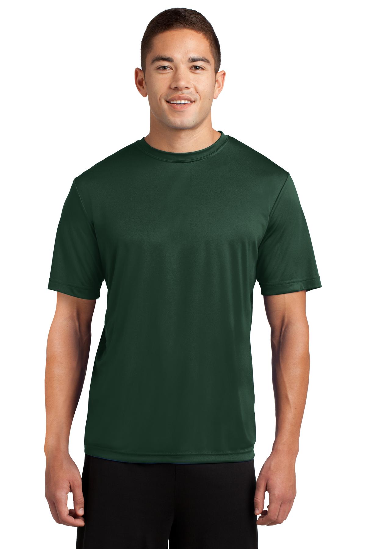 Tall male model 6,2 wearing a large forest green t shirt light weight breathable and roomy 100% polyester against a white background