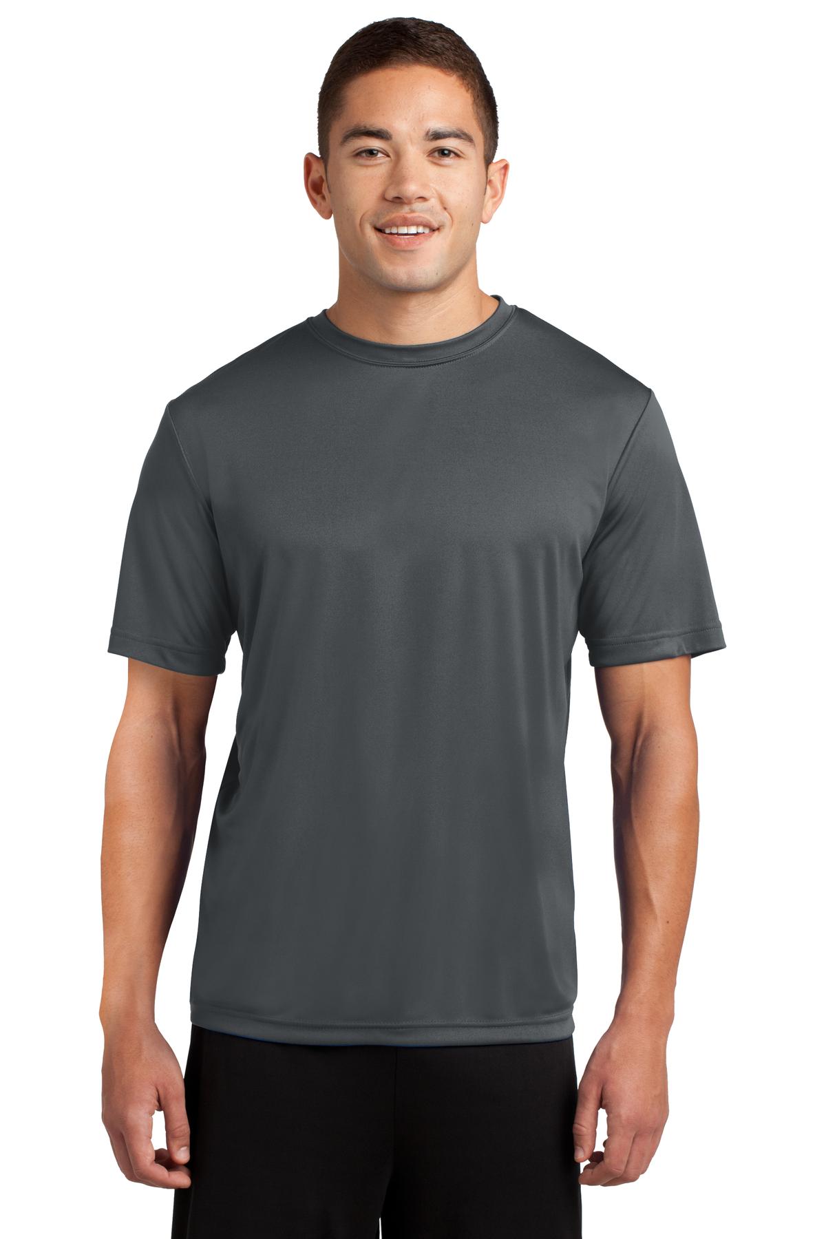 Tall male model 6,2 wearing a large iron grey t shirt light weight breathable and roomy 100% polyester against a white background