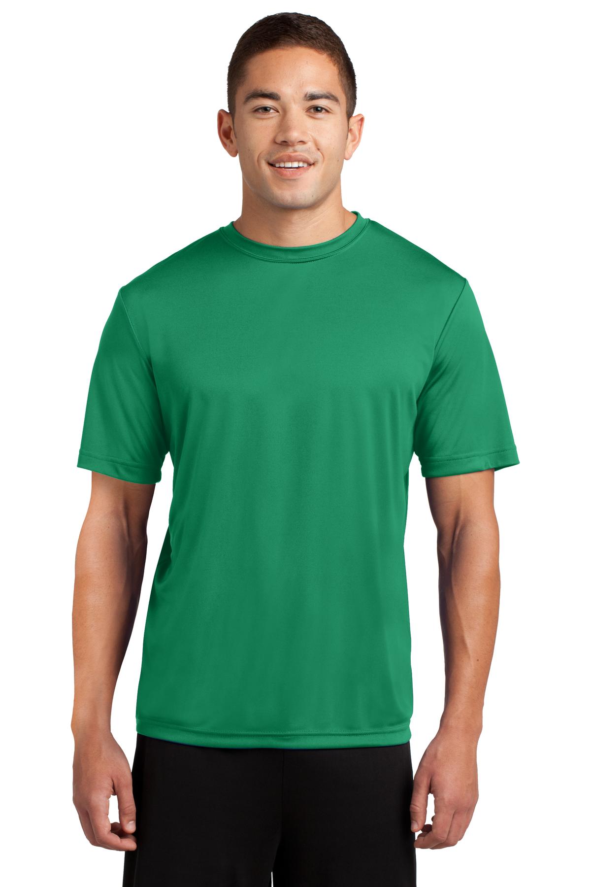 Tall male model 6,2 wearing a large kelly green t shirt light weight breathable and roomy 100% polyester against a white background