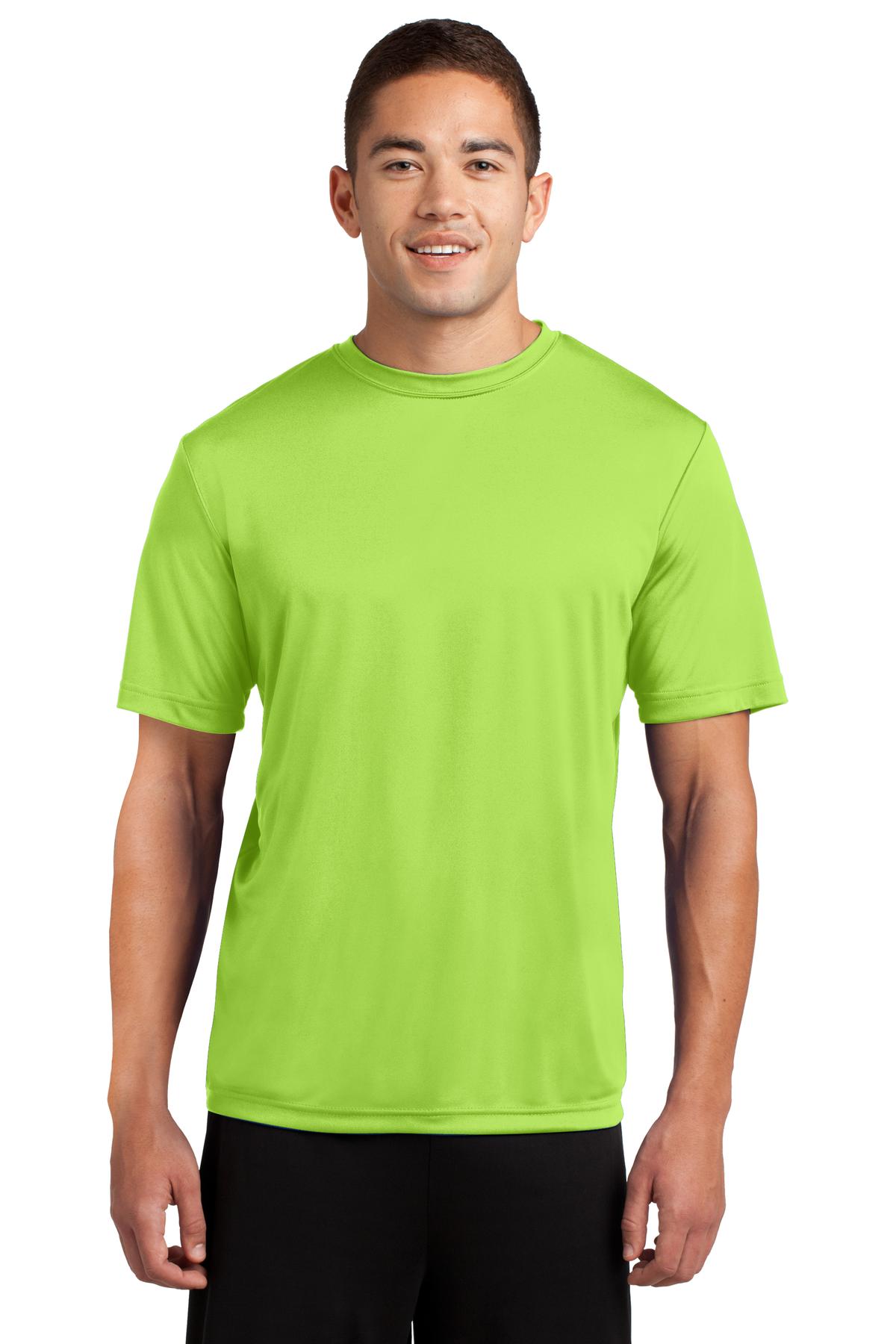 Tall male model 6,2 wearing a large lime green t shirt light weight breathable and roomy 100% polyester against a white background