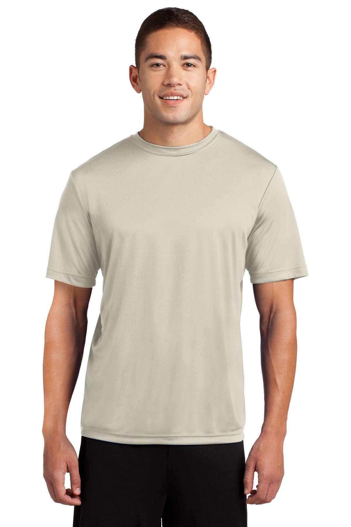 Tall male model 6,2 wearing a large ivory sand t shirt light weight breathable and roomy 100% polyester against a white background