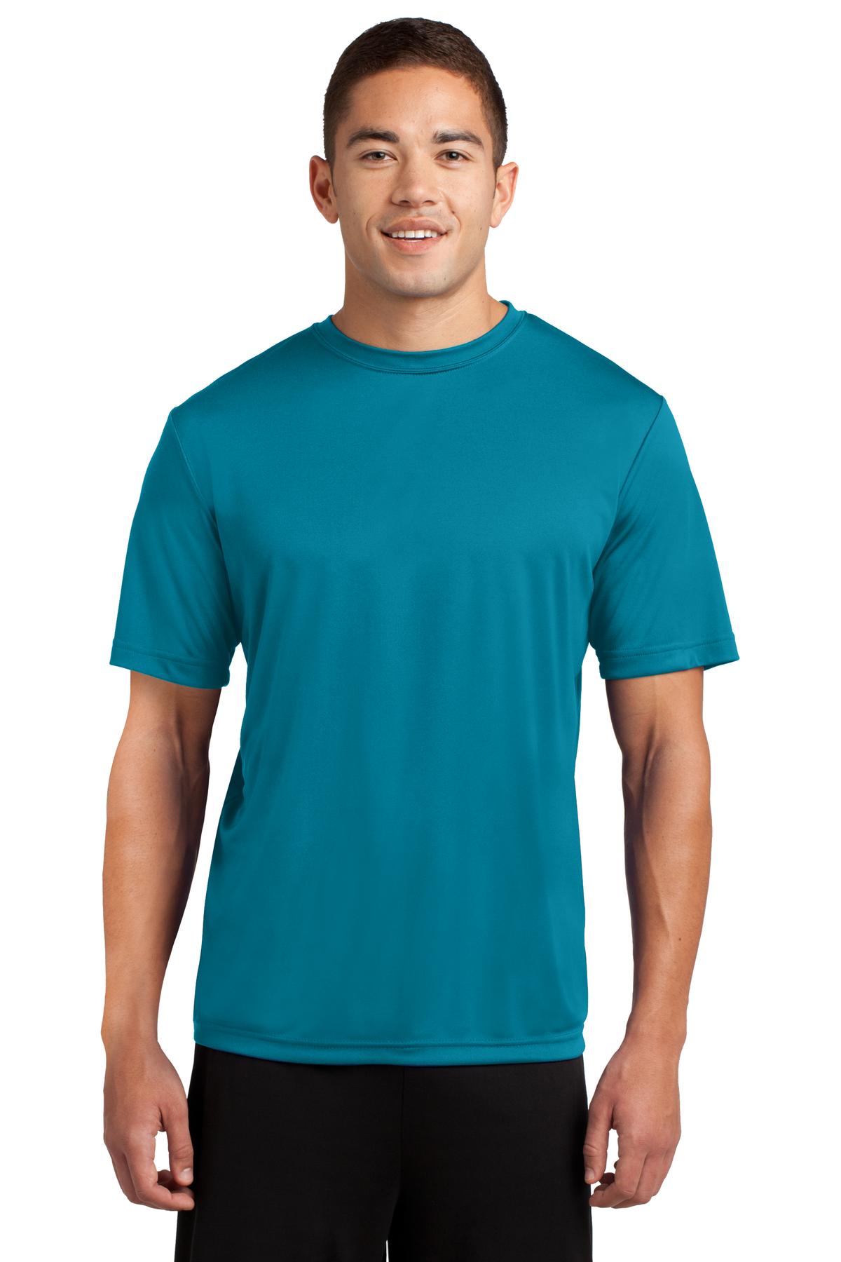 Tall male model 6,2 wearing a large tropic blue t shirt light weight breathable and roomy 100% polyester against a white background