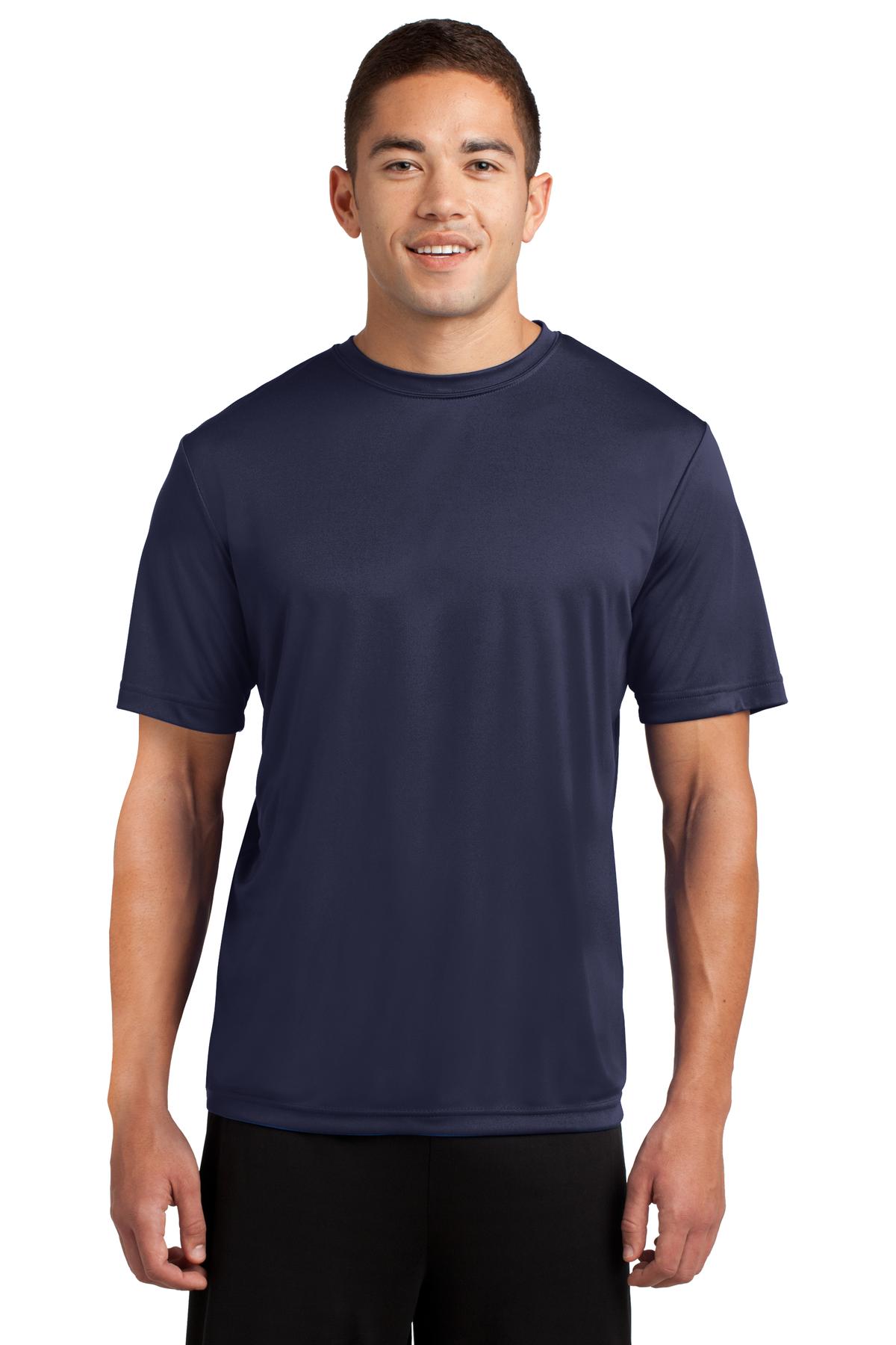 Tall male model 6,2 wearing a large true navy t shirt light weight breathable and roomy 100% polyester against a white background