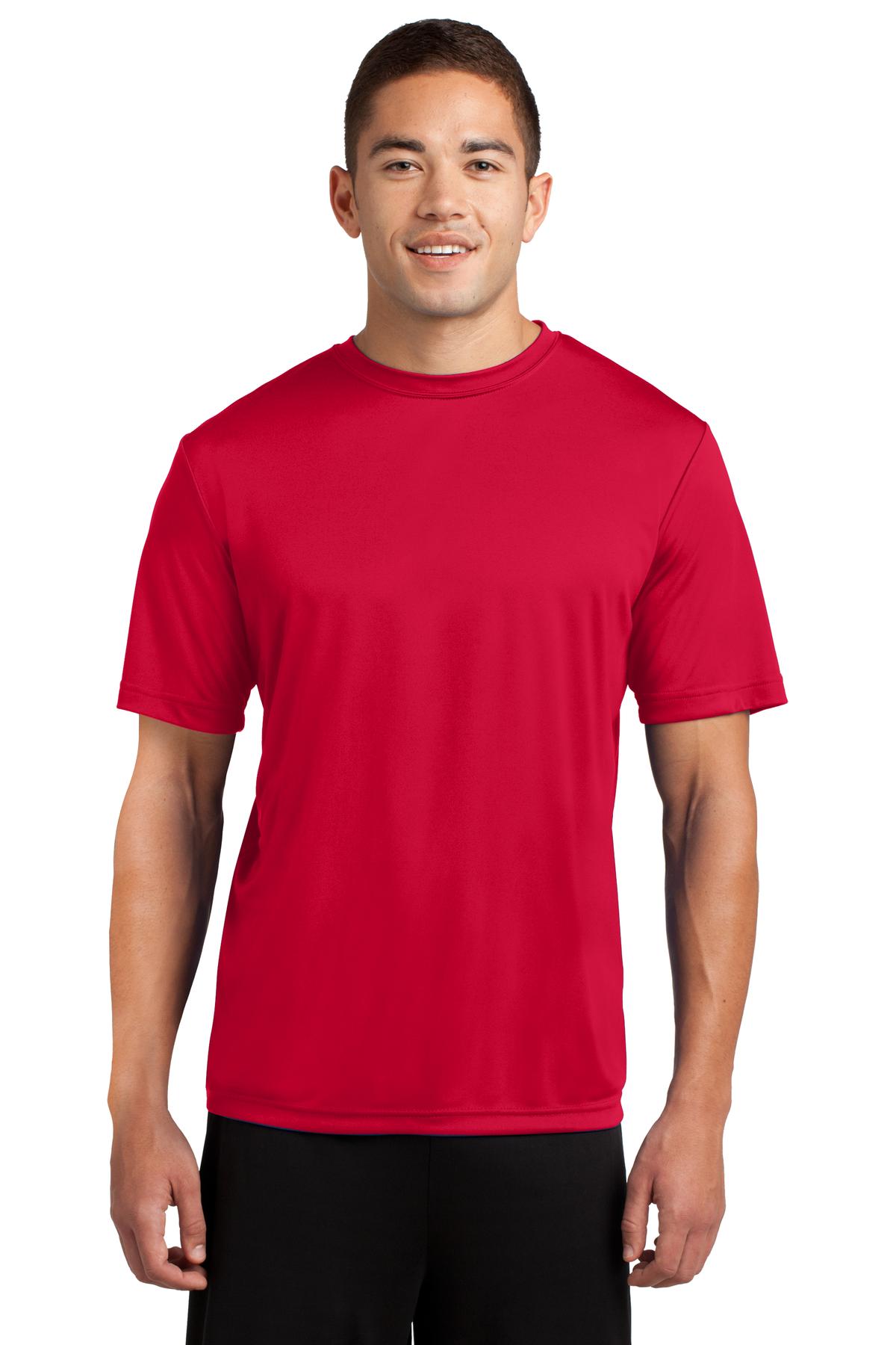 Tall male model 6,2 wearing a large true red t shirt light weight breathable and roomy 100% polyester against a white background