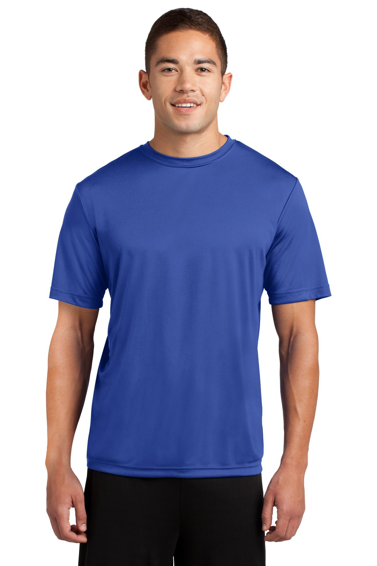 Tall male model 6,2 wearing a large true royal t shirt light weight breathable and roomy 100% polyester against a white background