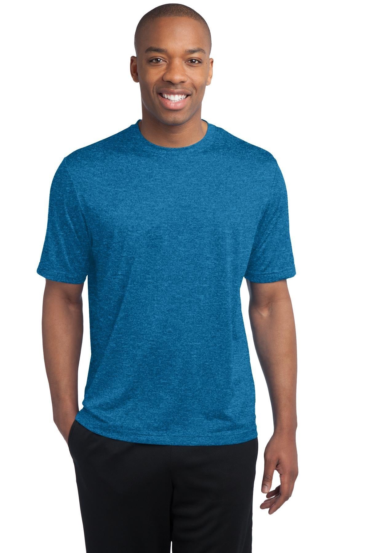 tall male model 6'4 wearing a medium blue wake colored T shirt 100% poly athletic tee against a white background