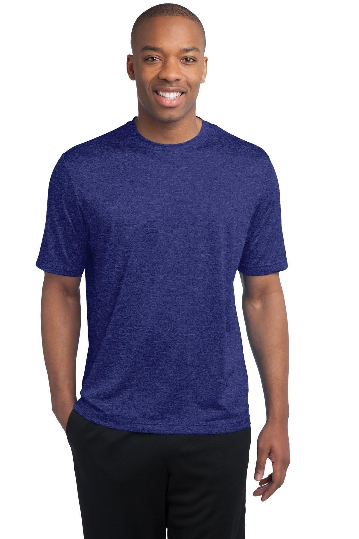 tall male model 6'4 wearing a medium cobalt heather colored T shirt 100% poly athletic tee against a white background