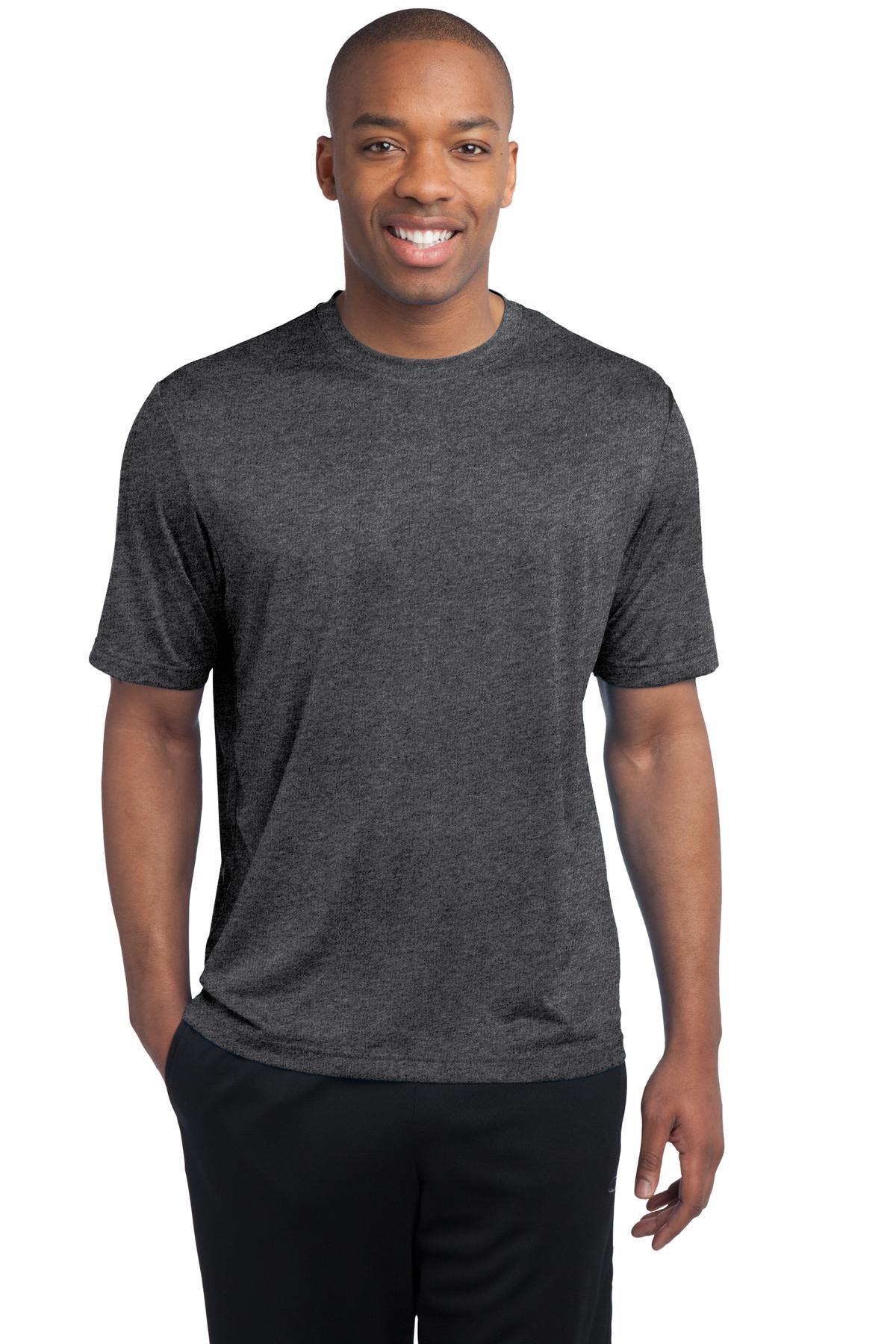 tall male model 6'4 wearing a medium graphite heather colored T shirt 100% poly athletic tee against a white background