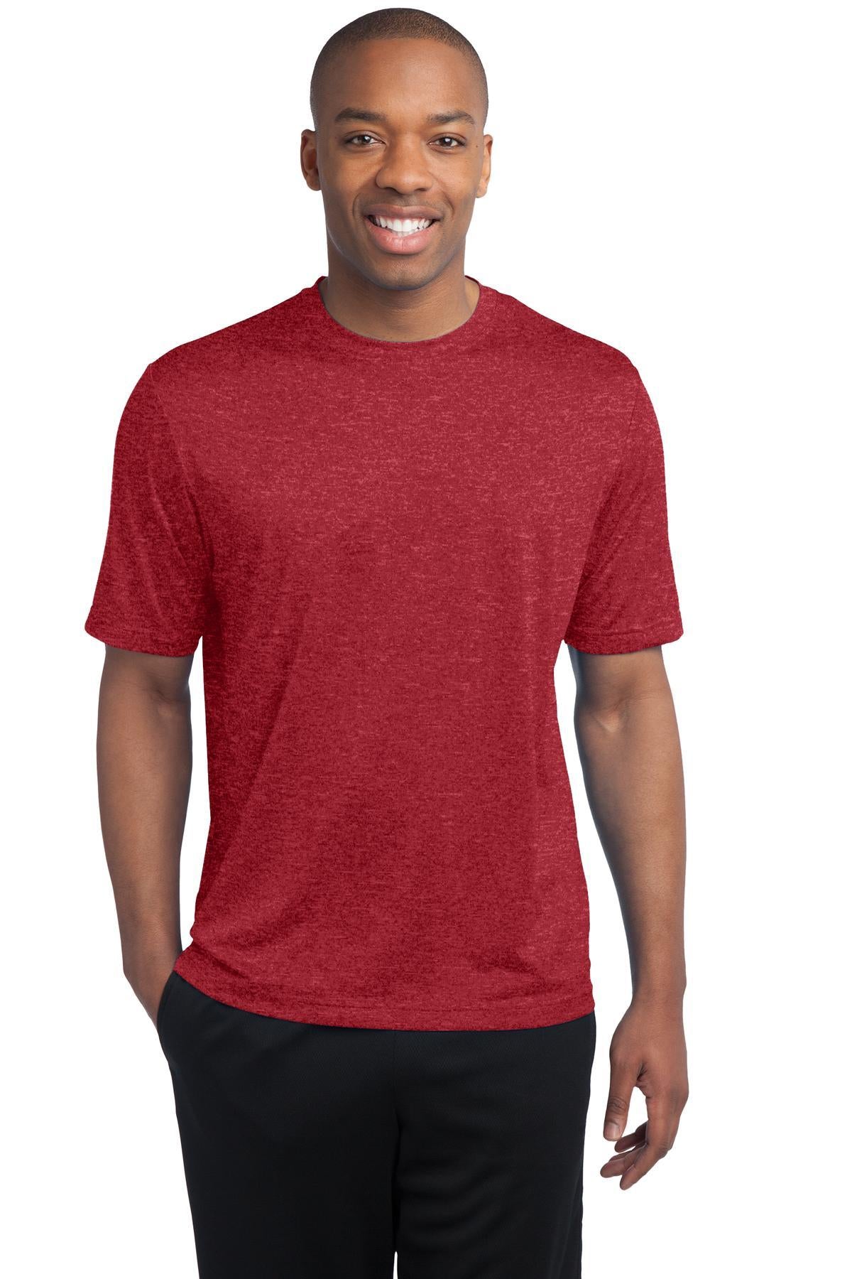 tall male model 6'4 wearing a medium scarlet heather colored T shirt 100% poly athletic tee against a white background