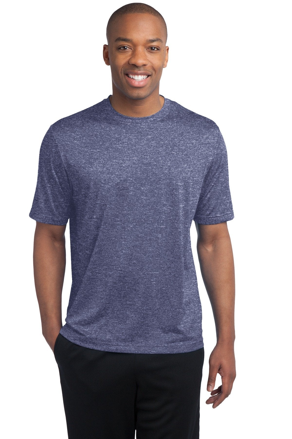 tall male model 6'4 wearing a medium true navy heather colored T shirt 100% poly athletic tee against a white background