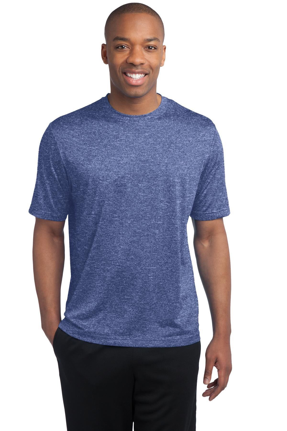 tall male model 6'4 wearing a medium true royal heather colored T shirt 100% poly athletic tee against a white background