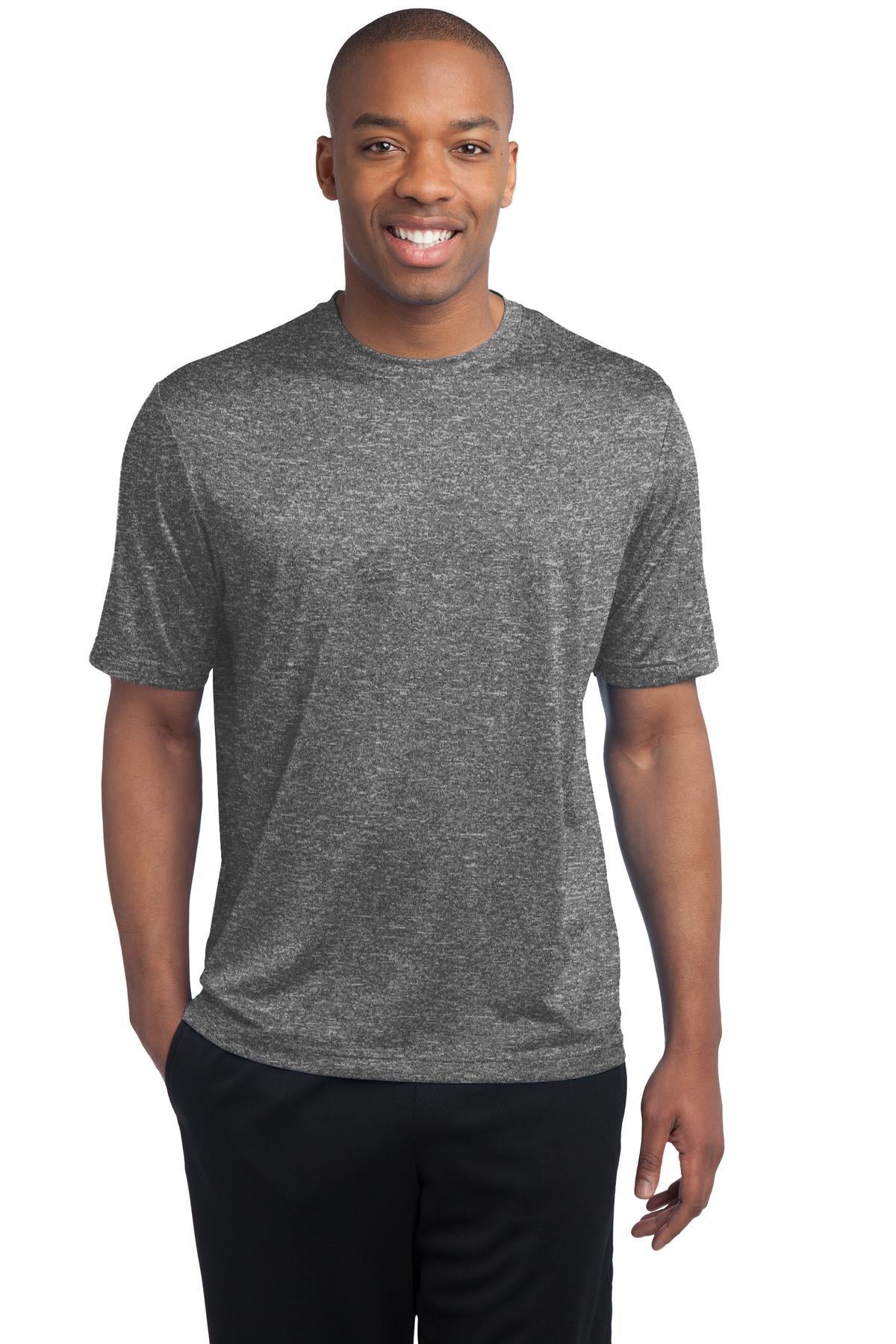 tall male model 6'4 wearing a medium vintage heather colored T shirt 100% poly athletic tee against a white background