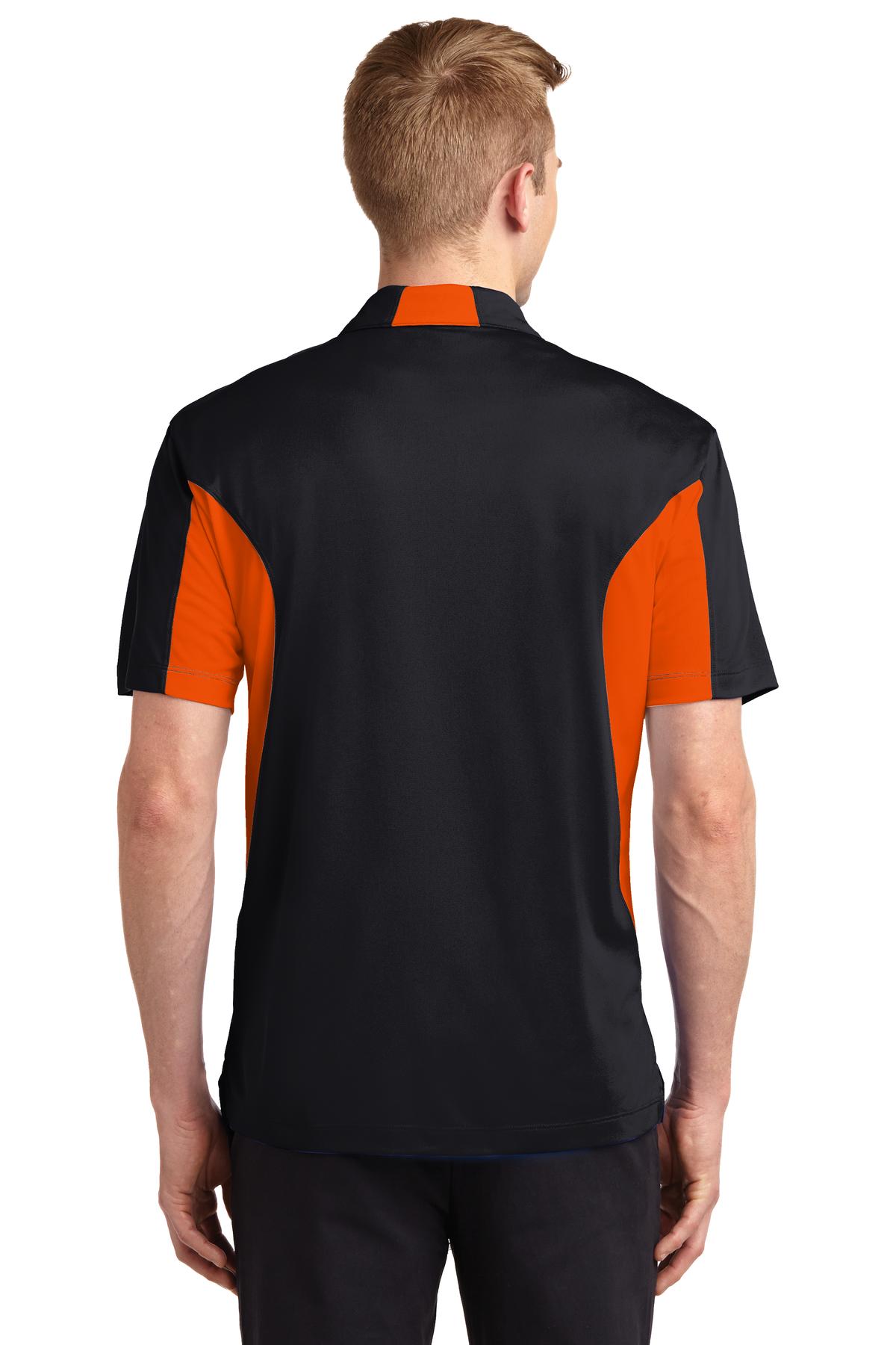 tall male model 6'4 wearing a medium Sport-Tek Tall Side Blocked Micropique Sport-Wick Polo in color black with deep orange armpits showing the back of the shirt against a white background