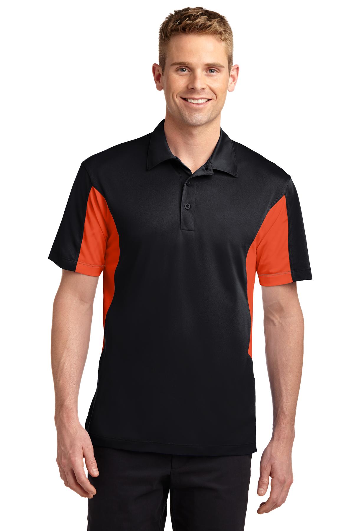 tall male model 6'4 wearing a medium Sport-Tek Tall Side Blocked Micropique Sport-Wick Polo in color black with deep orange armpits against a white background