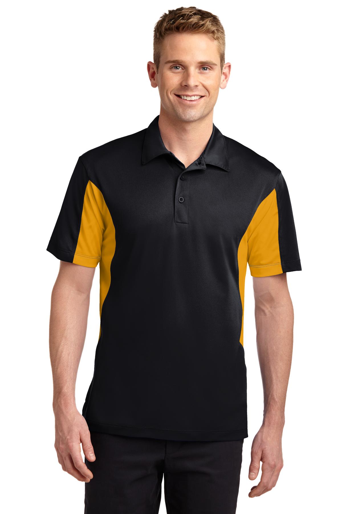 tall male model 6'4 wearing a medium Sport-Tek Tall Side Blocked Micropique Sport-Wick Polo in color black with gold armpits against a white background