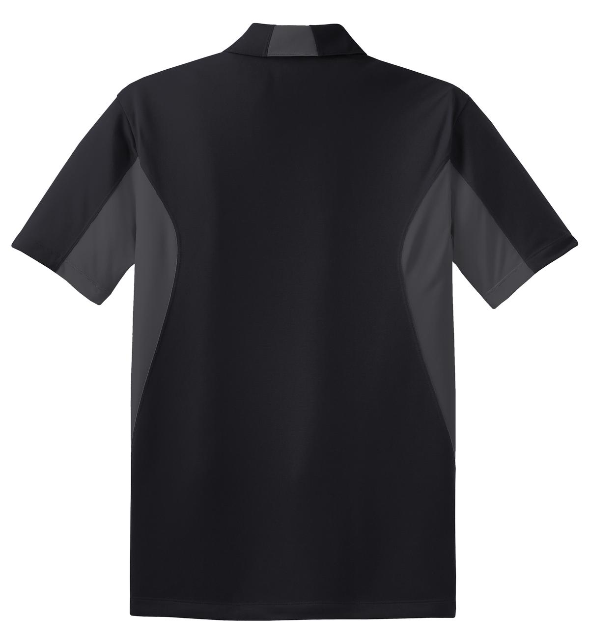 Sport-Tek Tall Side Blocked Micropique Sport-Wick Polo in color black with iron grey armpits showing the back of the shirt against a white background