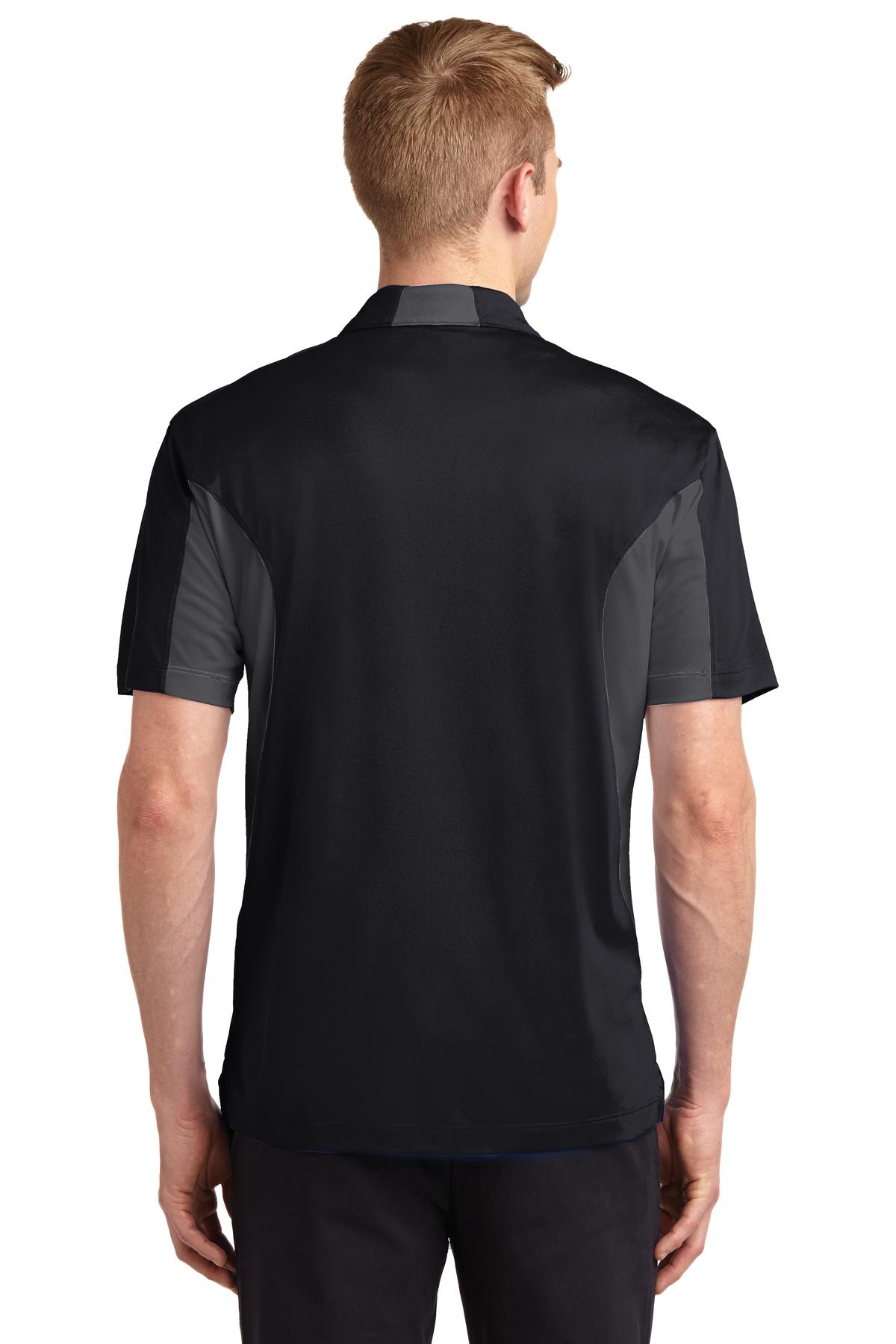 tall male model 6'4 wearing a medium Sport-Tek Tall Side Blocked Micropique Sport-Wick Polo in color black with iron grey armpits showing the back of the shirt against a white background