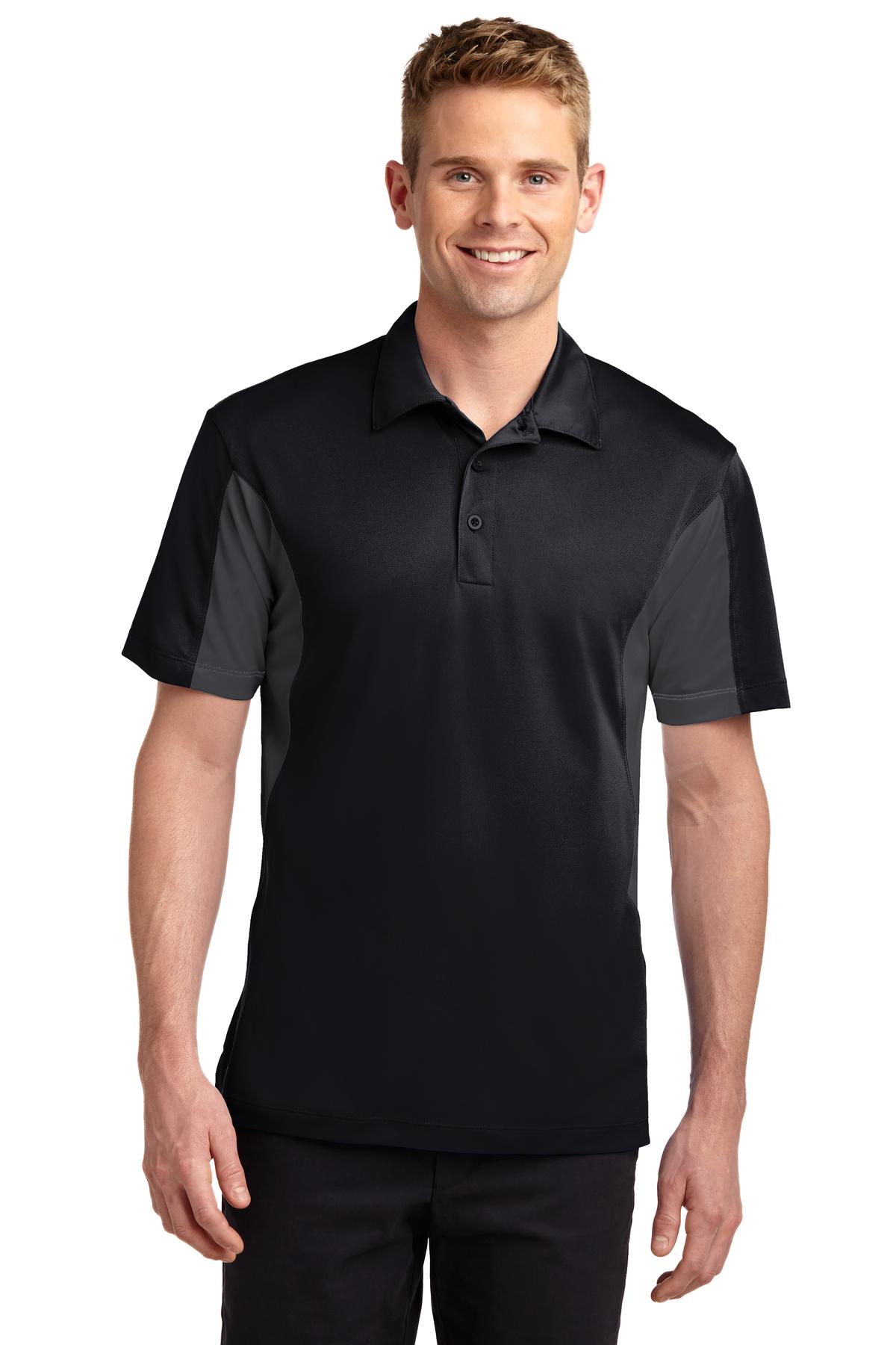 tall male model 6'4 wearing a medium Sport-Tek Tall Side Blocked Micropique Sport-Wick Polo in color black with iron grey armpits against a white background