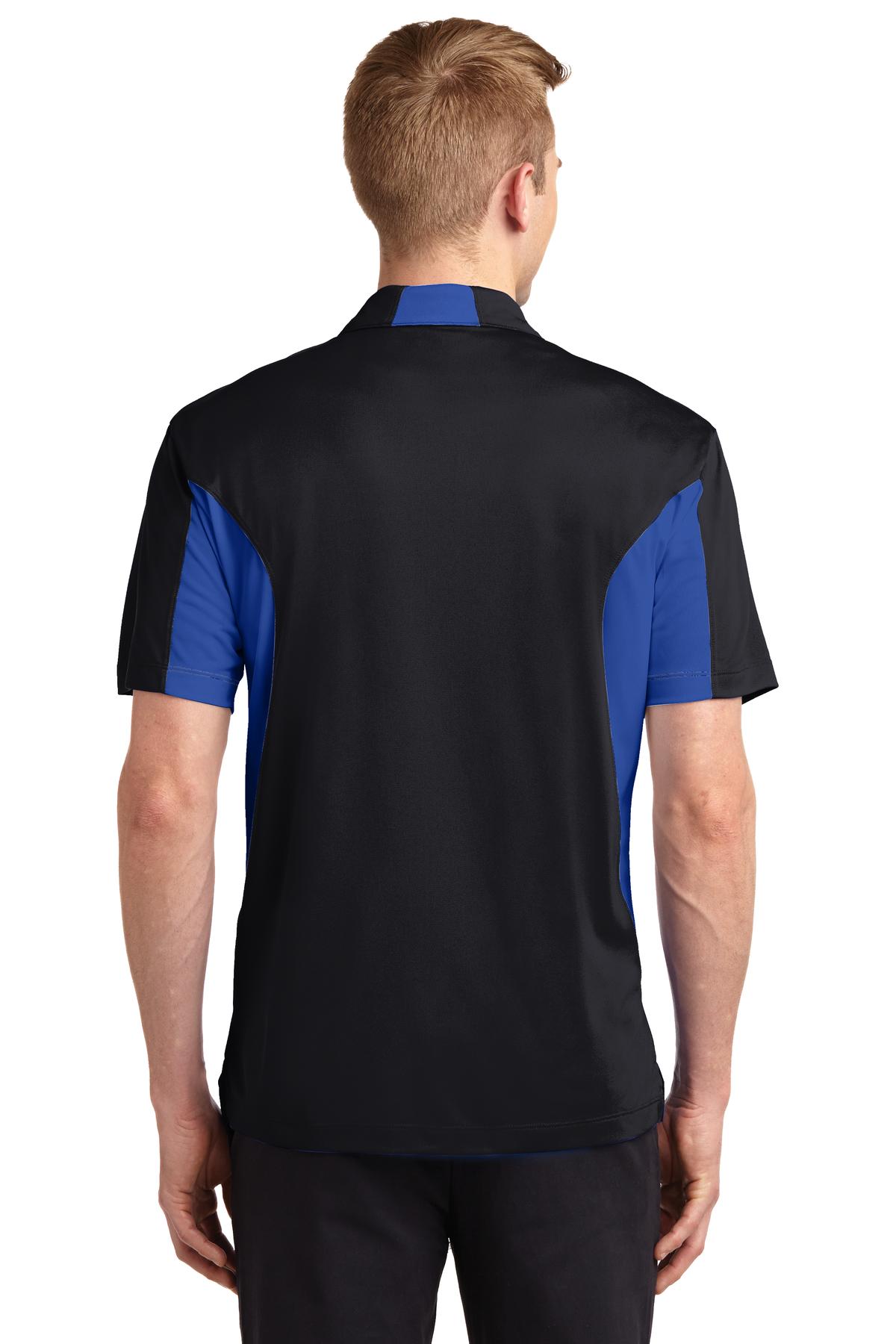 tall male model 6'4 wearing a medium Sport-Tek Tall Side Blocked Micropique Sport-Wick Polo in color black with true royal armpits showing the back of the shirt against a white background
