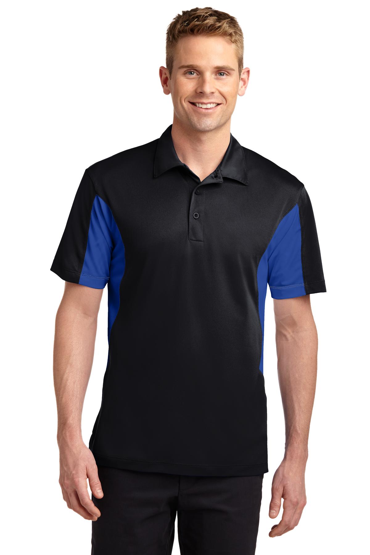 tall male model 6'4 wearing a medium Sport-Tek Tall Side Blocked Micropique Sport-Wick Polo in color black with true royal armpits against a white background