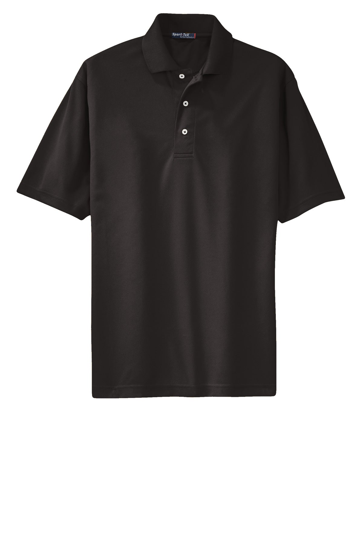 Sport-Tek Tall Dri-Mesh Polo in color black 100% polyester tee shirt against a white background