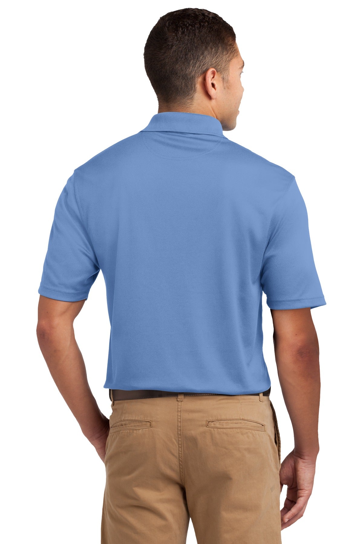 Tall male model 6'4 wearing a medium Sport-Tek Tall Dri-Mesh Polo in color blue berry 100% polyester tee shirt showing the back of the shirt against a white background