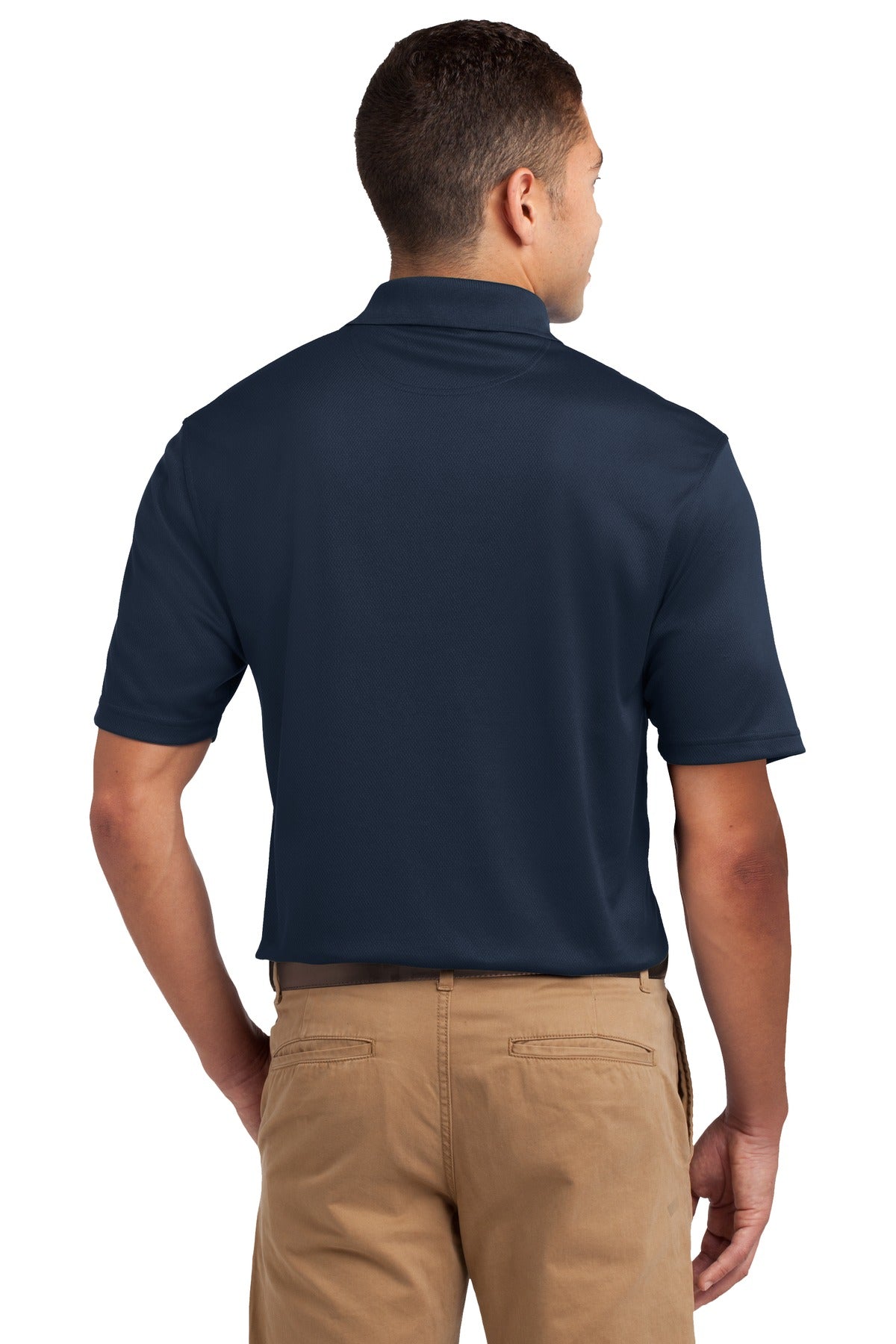 Tall male model 6'4 wearing a medium Sport-Tek Tall Dri-Mesh Polo in color navy 100% polyester tee shirt showing the back of the shirt against a white background