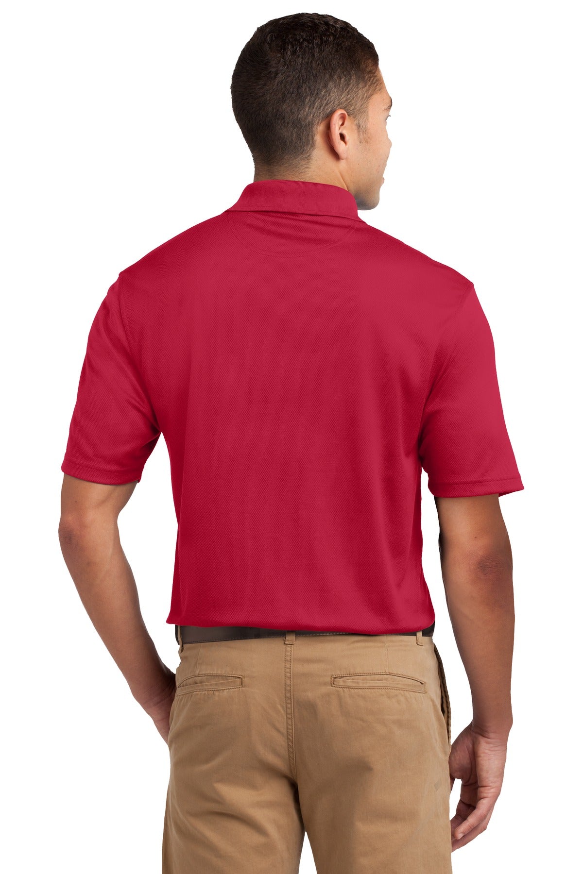 Tall male model 6'4 wearing a medium Sport-Tek Tall Dri-Mesh Polo in color red 100% polyester tee shirt showing the back of the shirt against a white background