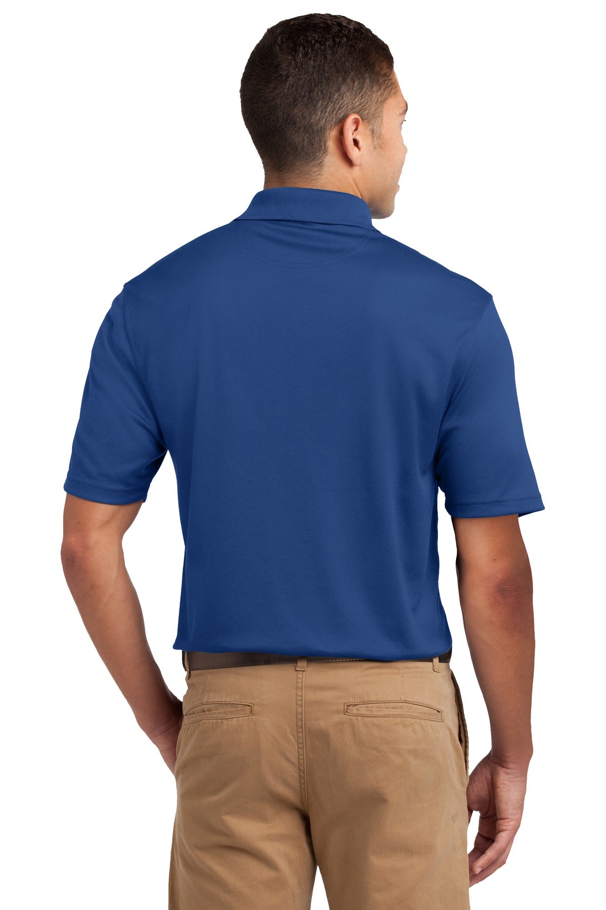 Tall male model 6'4 wearing a medium Sport-Tek Tall Dri-Mesh Polo in color royal 100% polyester tee shirt showing the back of the shirt against a white background