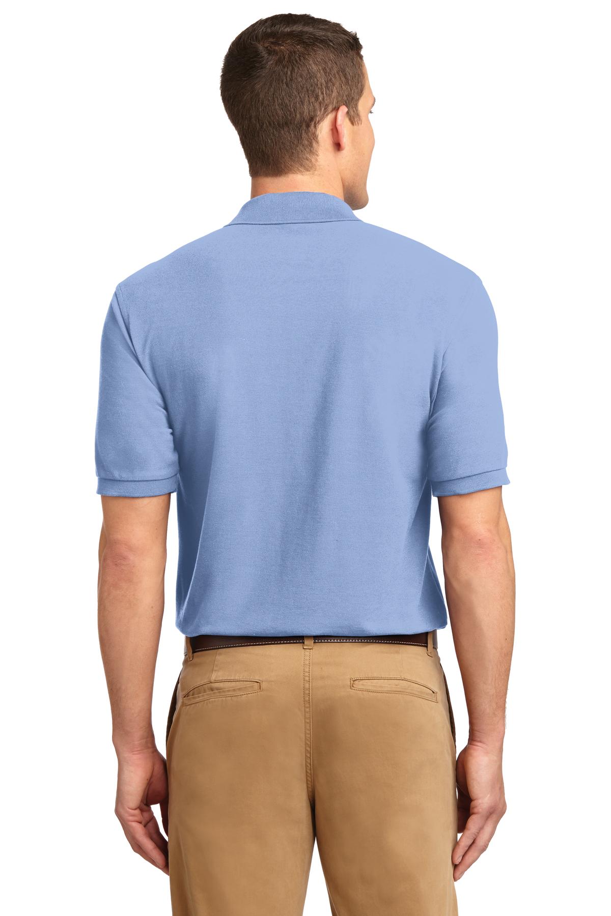 Tall male model 6'3 wearing a small Port Authority Tall Silk Touch Polo in color light blue with dyed buttons cotton/poly blend showing the back of the shirt against a white background
