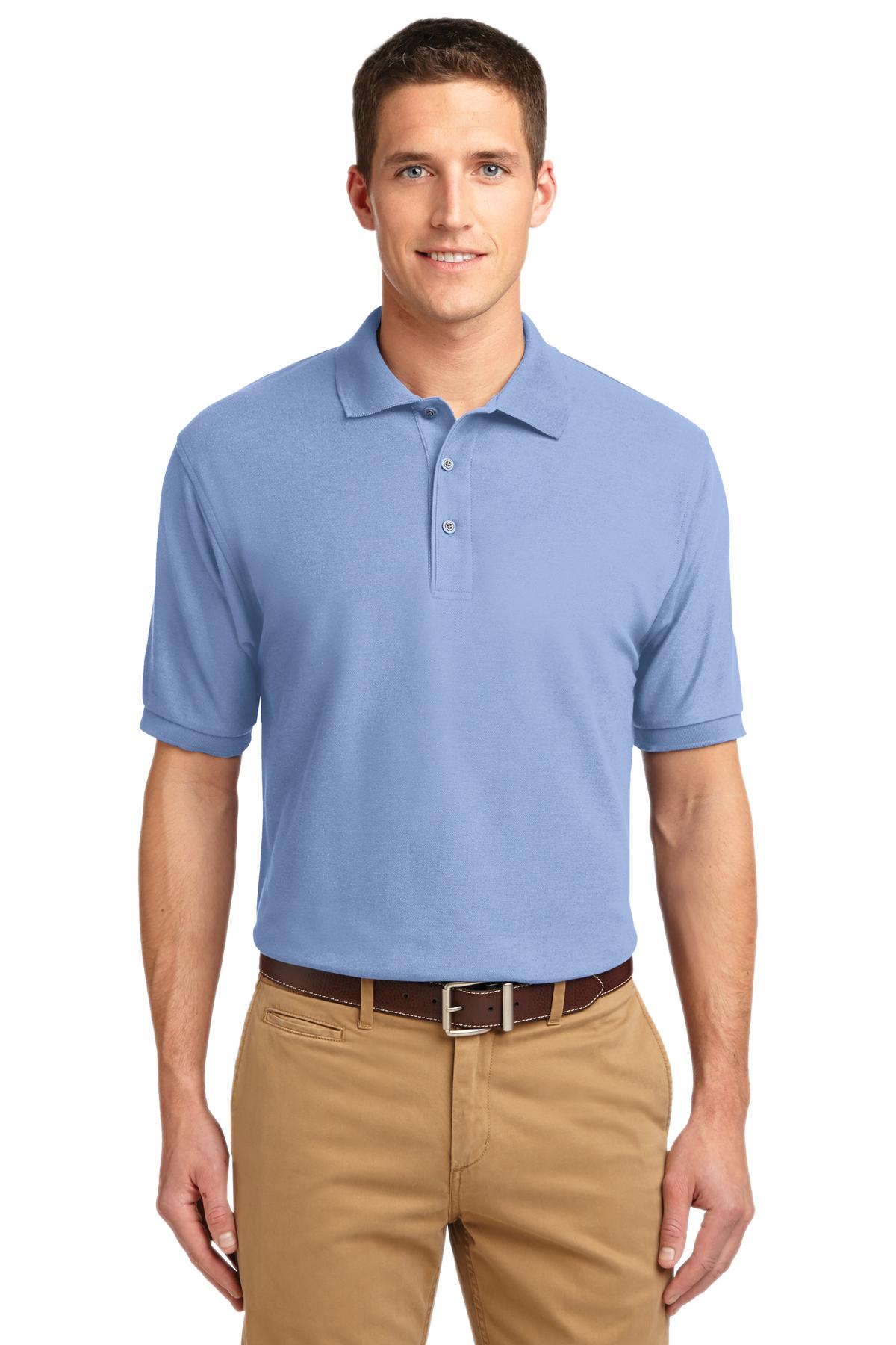 Tall male model 6'3 wearing a small Port Authority Tall Silk Touch Polo in color light blue with dyed buttons cotton/poly blend against a white background