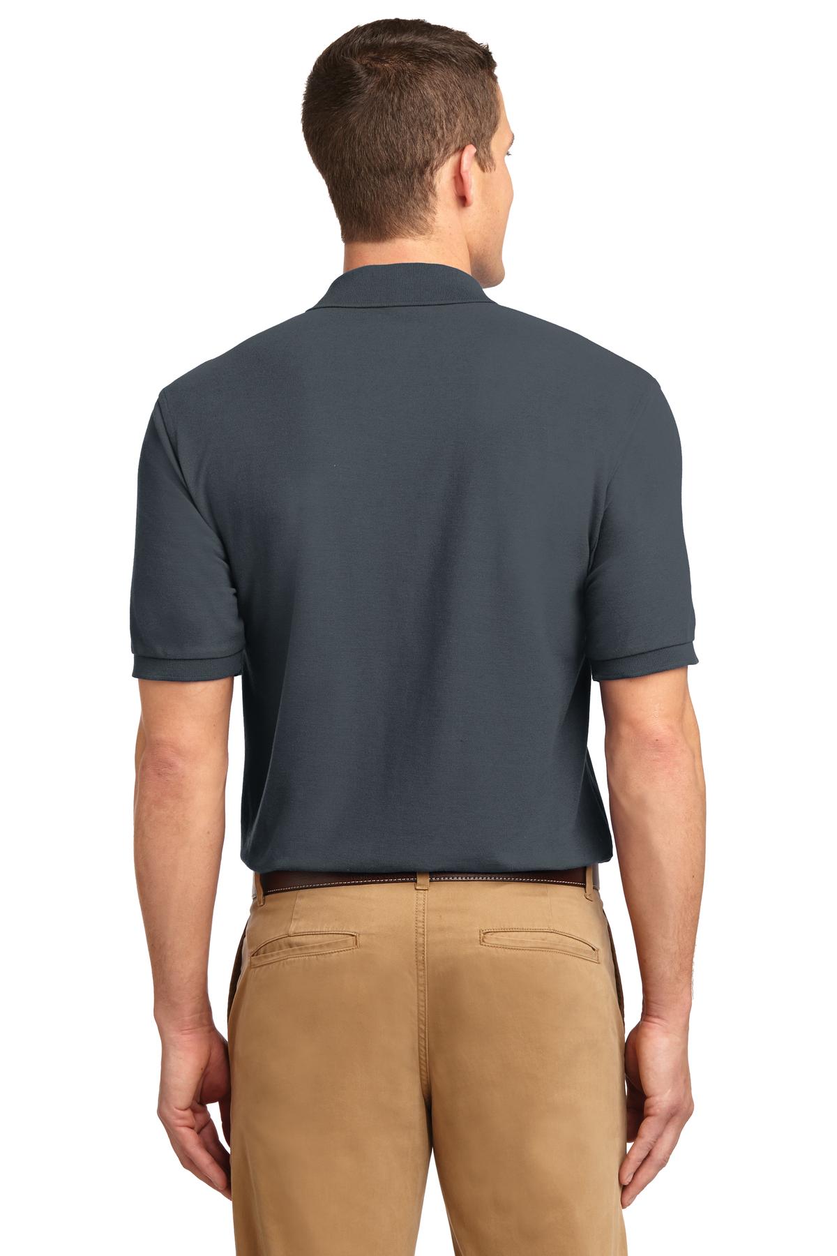 Tall male model 6'3 wearing a small Port Authority Tall Silk Touch Polo in color steel grey with dyed buttons cotton/poly blend showing the back of the shirt against a white background