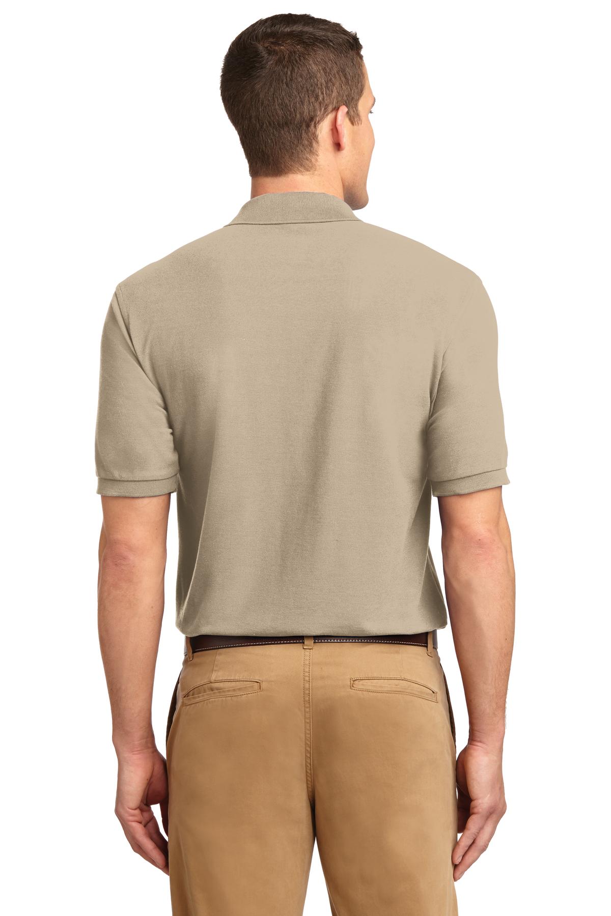 Tall male model 6'3 wearing a small Port Authority Tall Silk Touch Polo in color stone with dyed buttons cotton/poly blend showing the back of the shirt against a white background