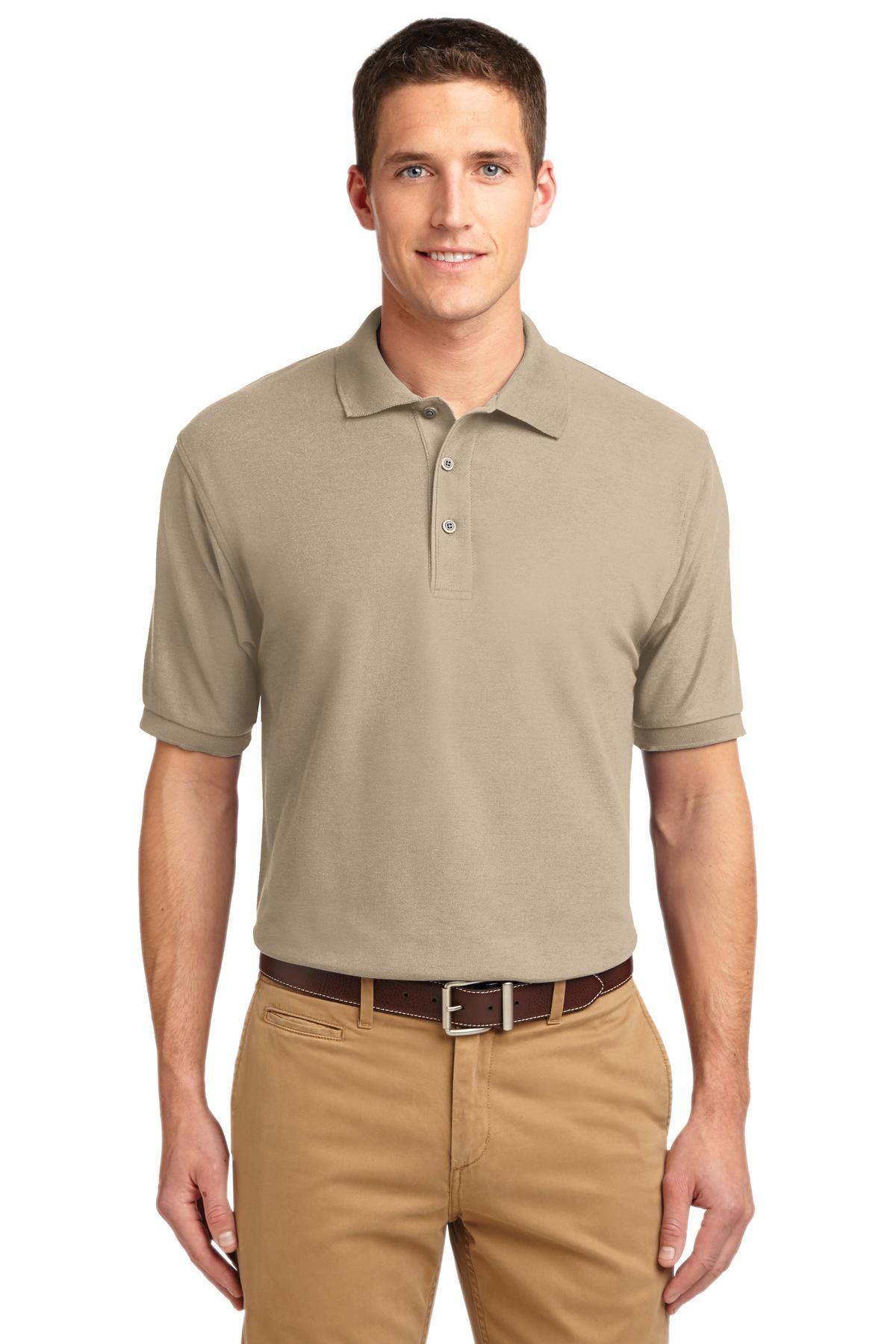 Tall male model 6'3 wearing a small Port Authority Tall Silk Touch Polo in color stone with dyed buttons cotton/poly blend against a white background