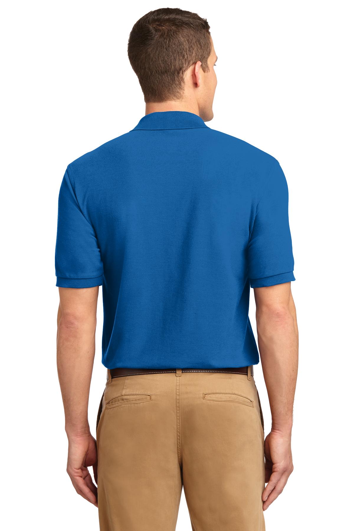 Tall male model 6'3 wearing a small Port Authority Tall Silk Touch Polo in color strong blue with dyed buttons cotton/poly blend showing the back of the shirt against a white background