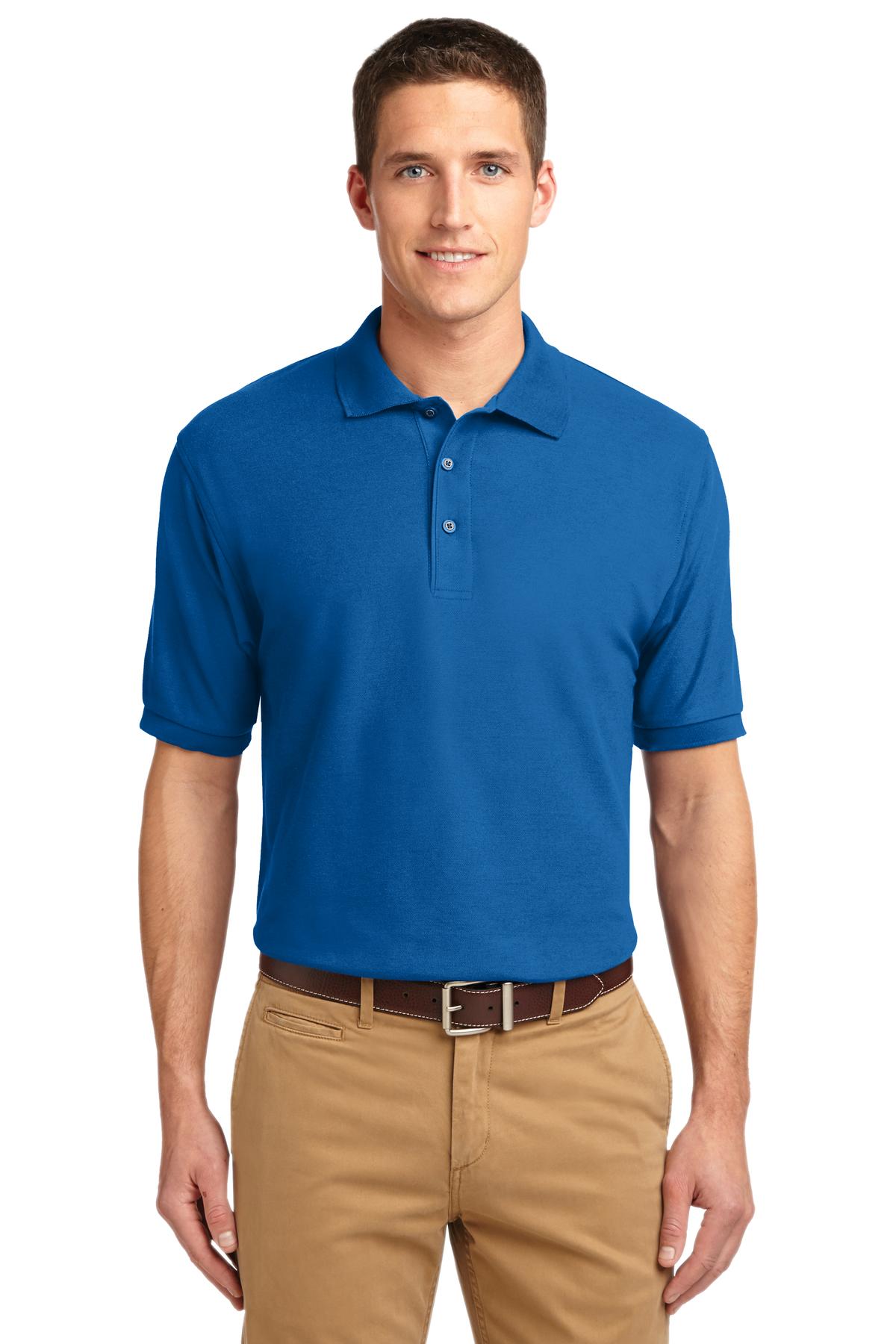Tall male model 6'3 wearing a small Port Authority Tall Silk Touch Polo in color strong blue with dyed buttons cotton/poly blend against a white background
