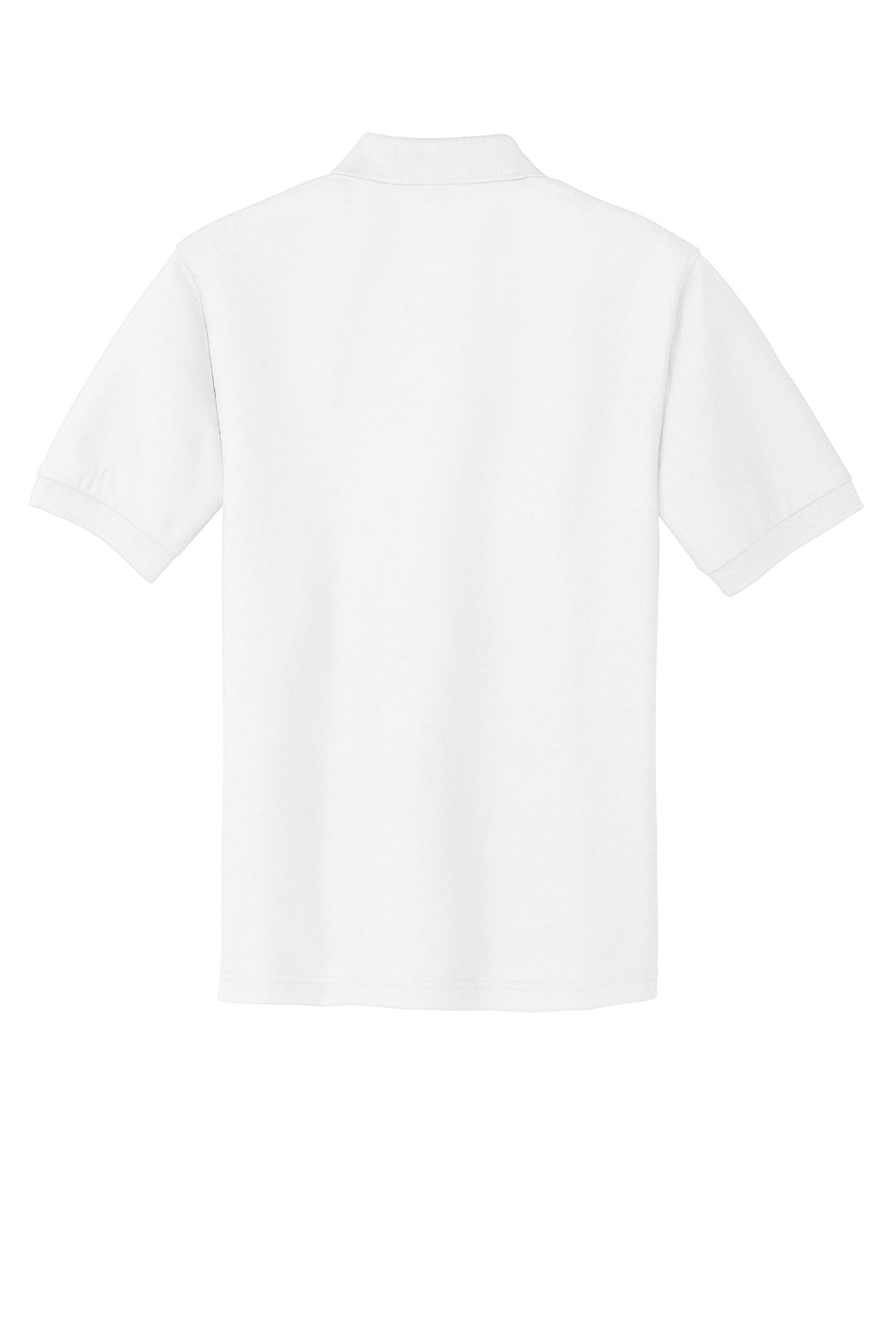 Port Authority Tall Silk Touch Polo in color white with dyed buttons cotton/poly blend showing the back of the shirt against a white background