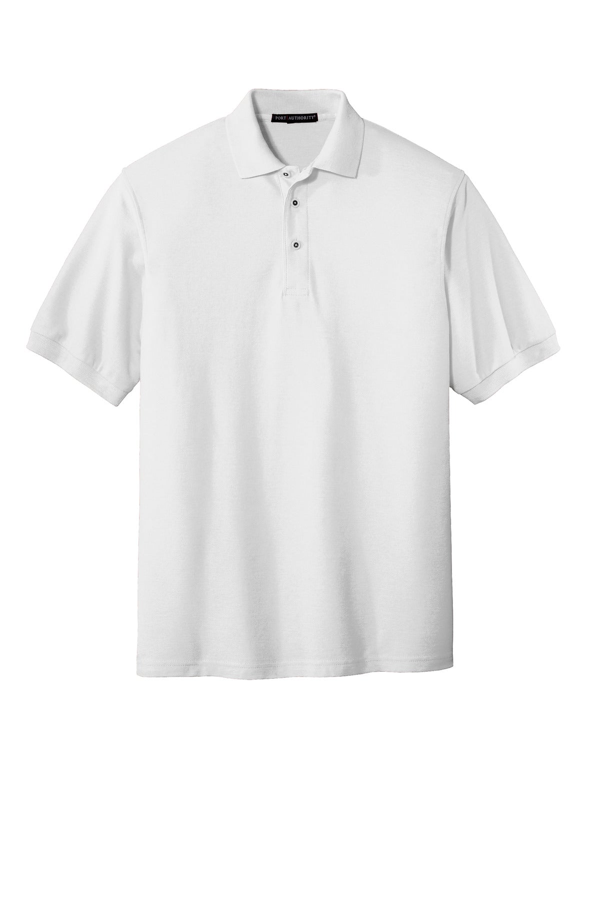 Port Authority Tall Silk Touch Polo in color white with dyed buttons cotton/poly blend against a white background