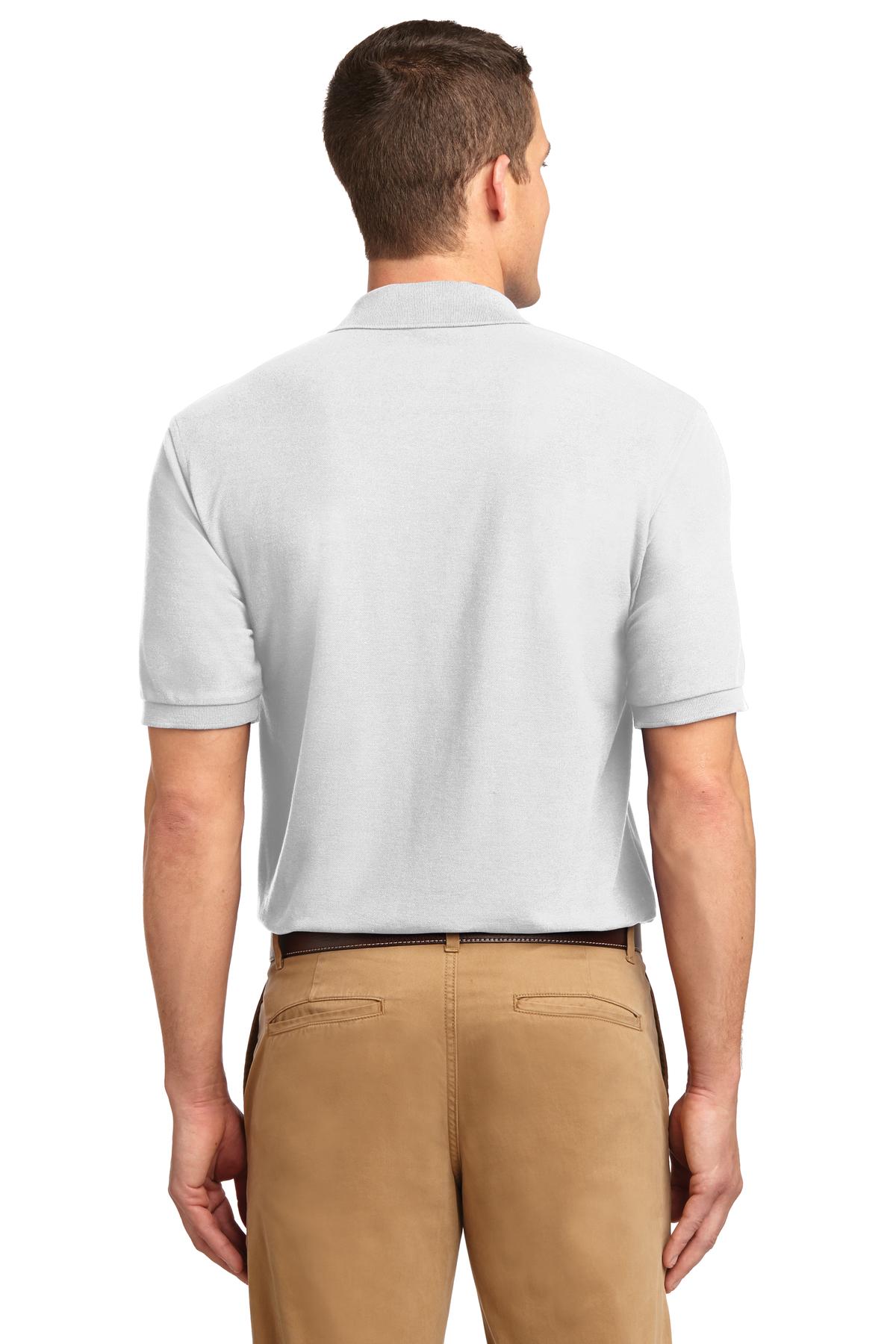 Tall male model 6'3 wearing a small Port Authority Tall Silk Touch Polo in color white with dyed buttons cotton/poly blend showing the back of the shirt against a white background