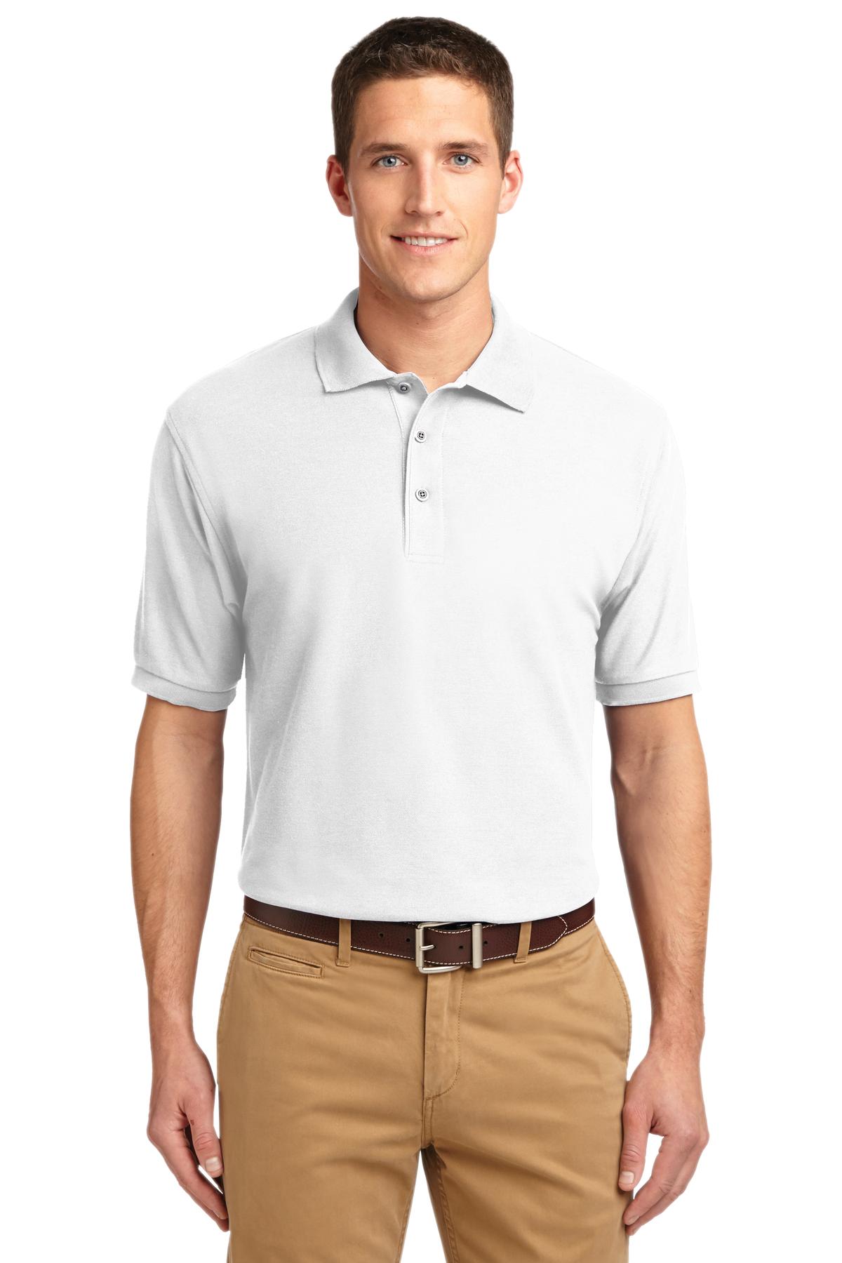 Tall male model 6'3 wearing a small Port Authority Tall Silk Touch Polo in color white with dyed buttons cotton/poly blend against a white background