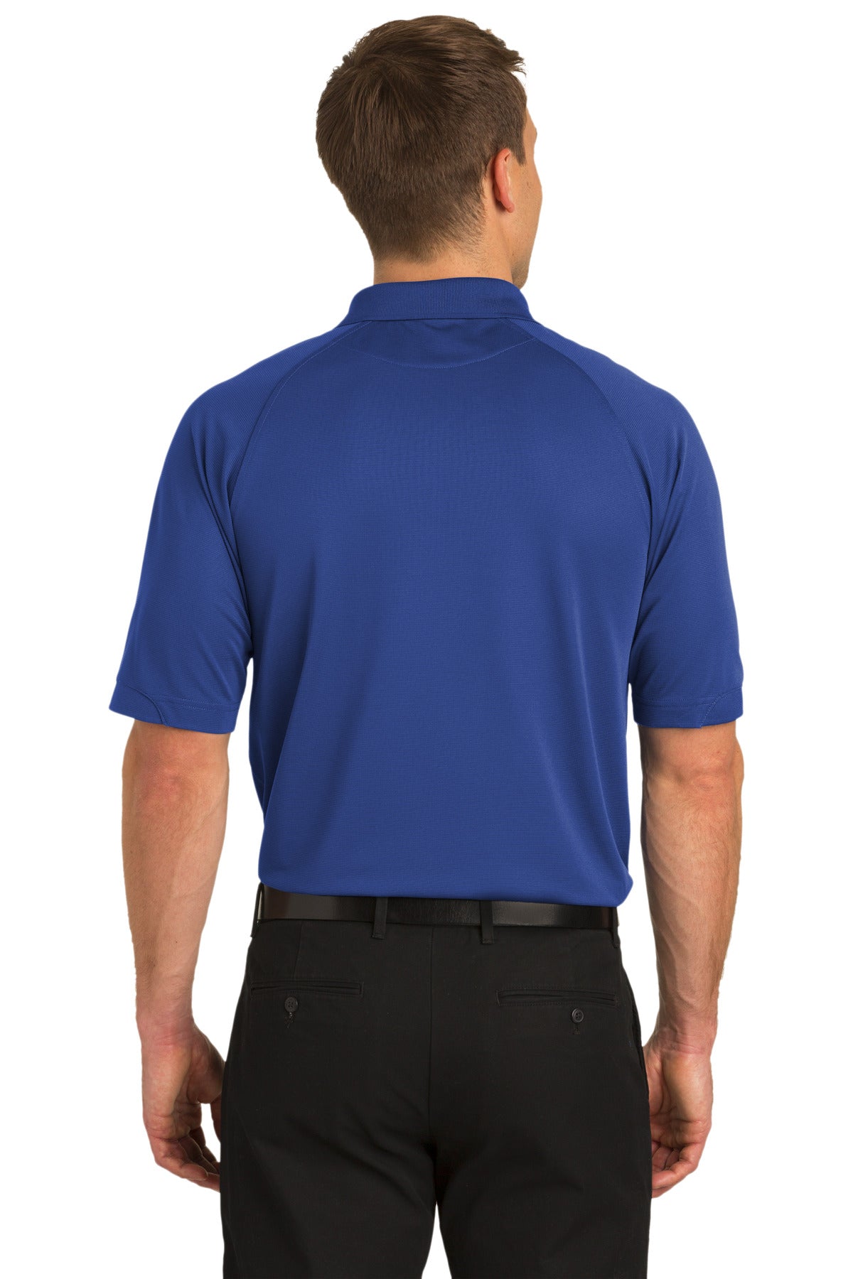 tall male model 6'5 wearing a large royal 100% polyester; Snag-resistant port Authority Tall Dry Zone Ottoman Polo showing the back of the shirt against a white background
