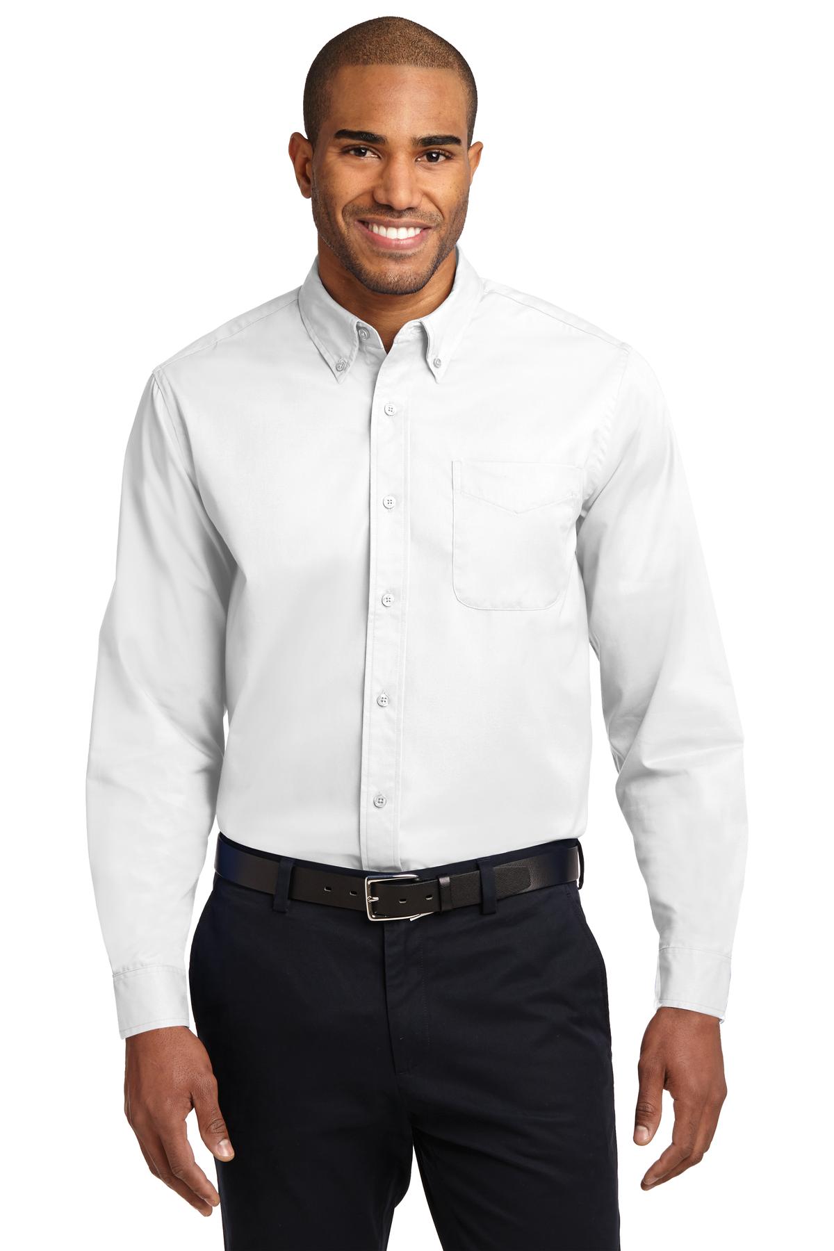 Tall male model 6,3 wearing a large long sleeve port authority button up shirt with chest pocket in color White against a white background