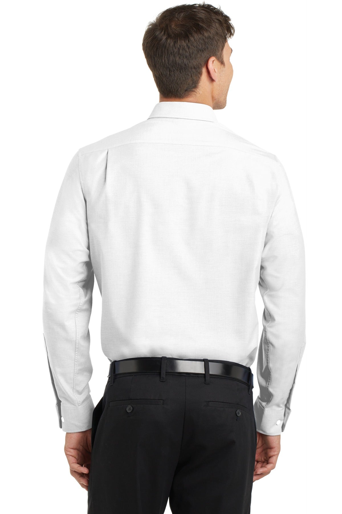 tall male model 6'6 wearing a large white colored Left chest pocket Port Authority Tall SuperPro Oxford Shirt 60/40 cotton/poly showing the back of the shirt against a white background