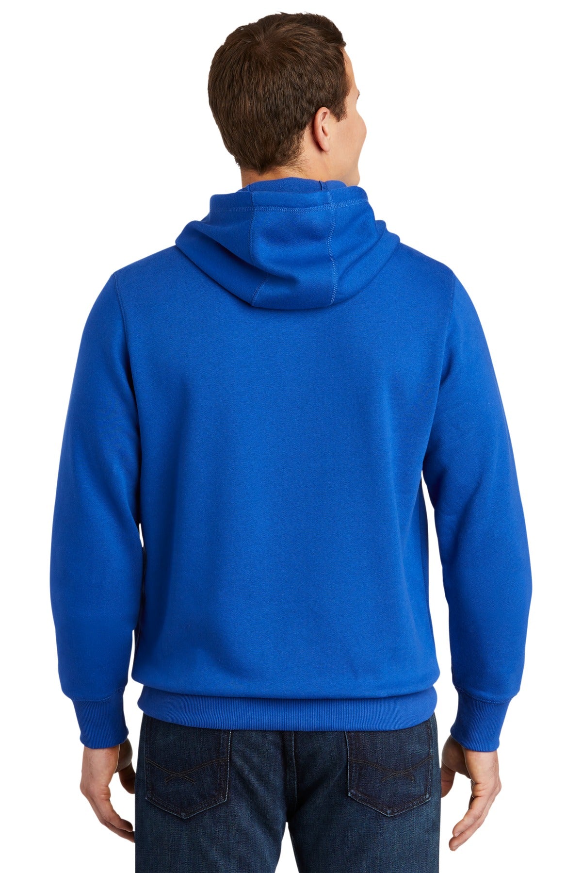 Tall male model 6'3 wearing a medium true royal colored hooded sweatshirt with large front pocket showing the back of the shirt against a white background.