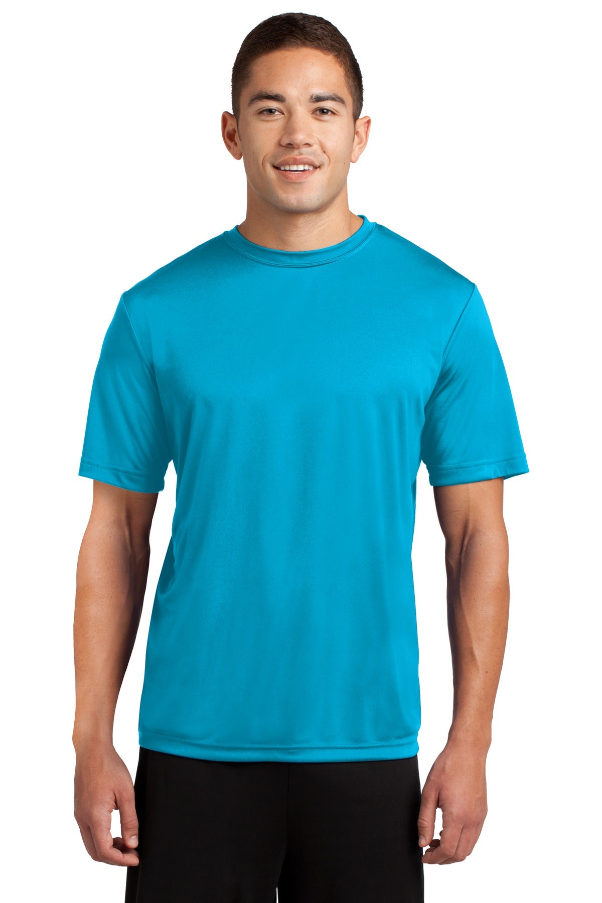 Tall male model 6,2 wearing a large atomic blue t shirt light weight breathable and roomy 100% polyester against a white background