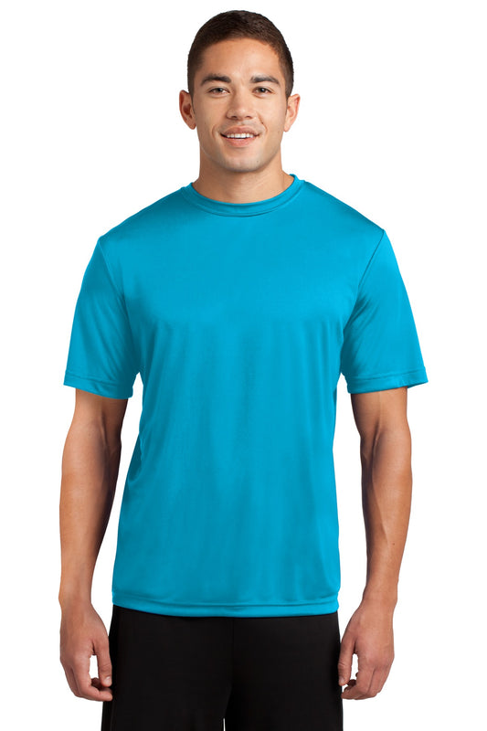 Tall male model 6,2 wearing a large atomic blue t shirt light weight breathable and roomy 100% polyester against a white background