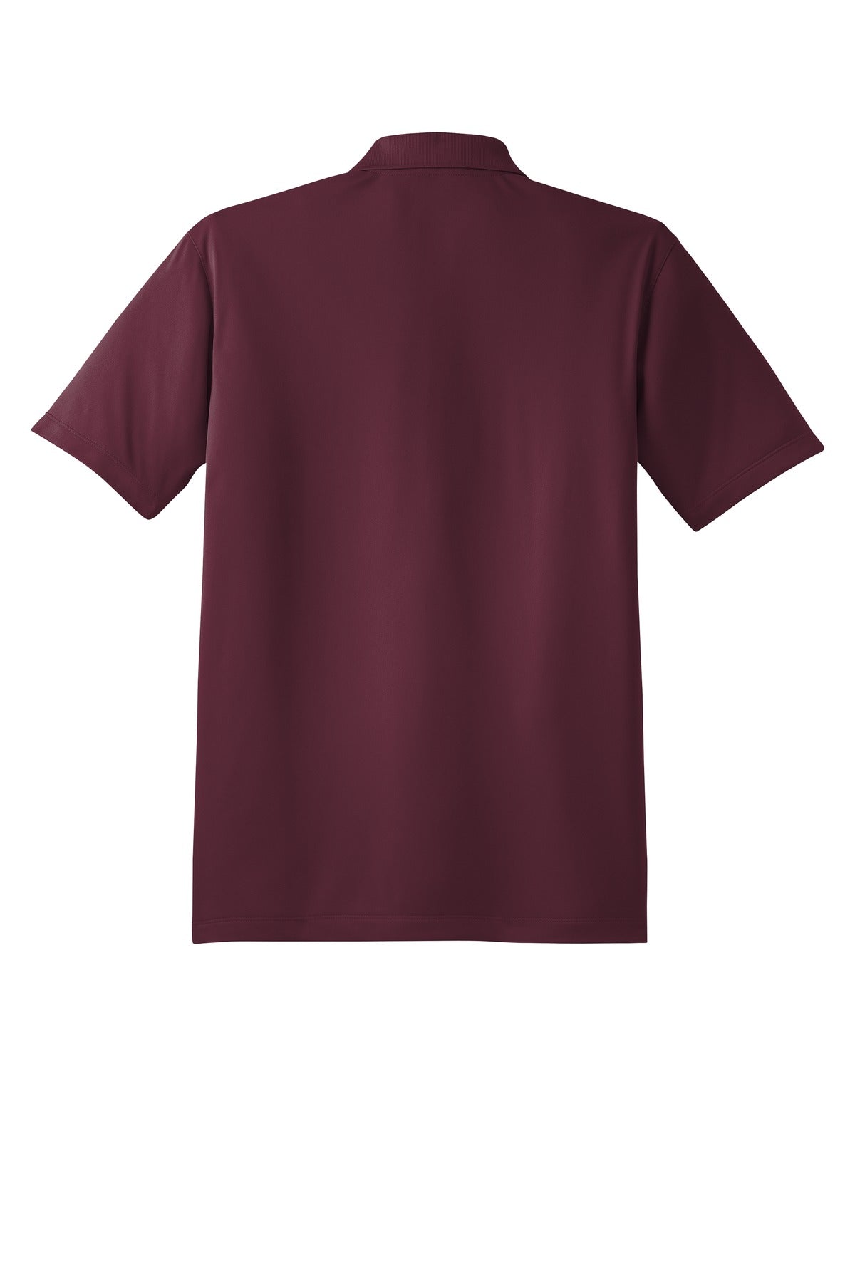 Sport Tek maroon 100% polyester T shirt Snag resistant Tee with dyed buttons showing the back of the shirt against a white background