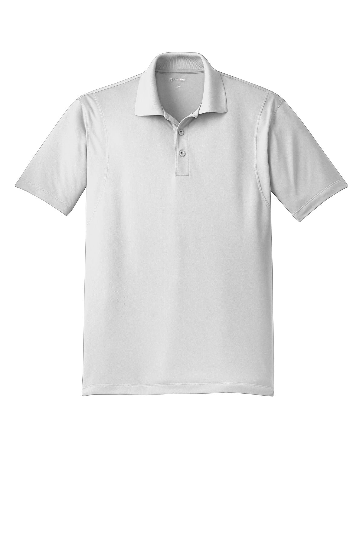 Sport Tek white 100% polyester T shirt Snag resistant Tee with dyed buttons against a white background