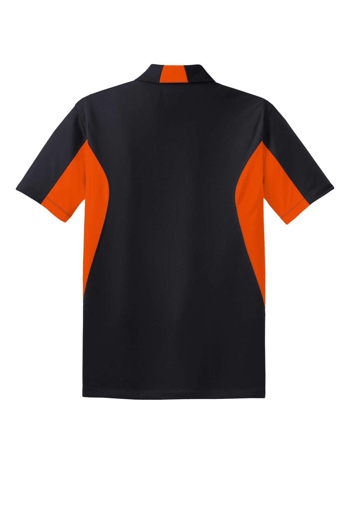 Sport-Tek Tall Side Blocked Micropique Sport-Wick Polo in color black with deep orange armpits showing the back of the shirt against a white background
