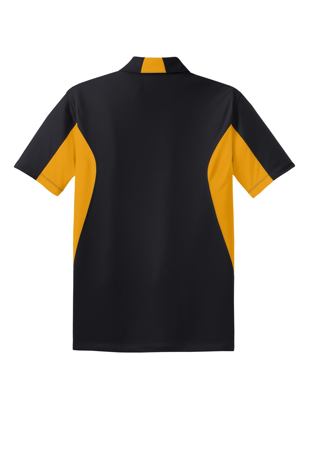 Sport-Tek Tall Side Blocked Micropique Sport-Wick Polo in color black with gold armpits showing the back of the shirt against a white background